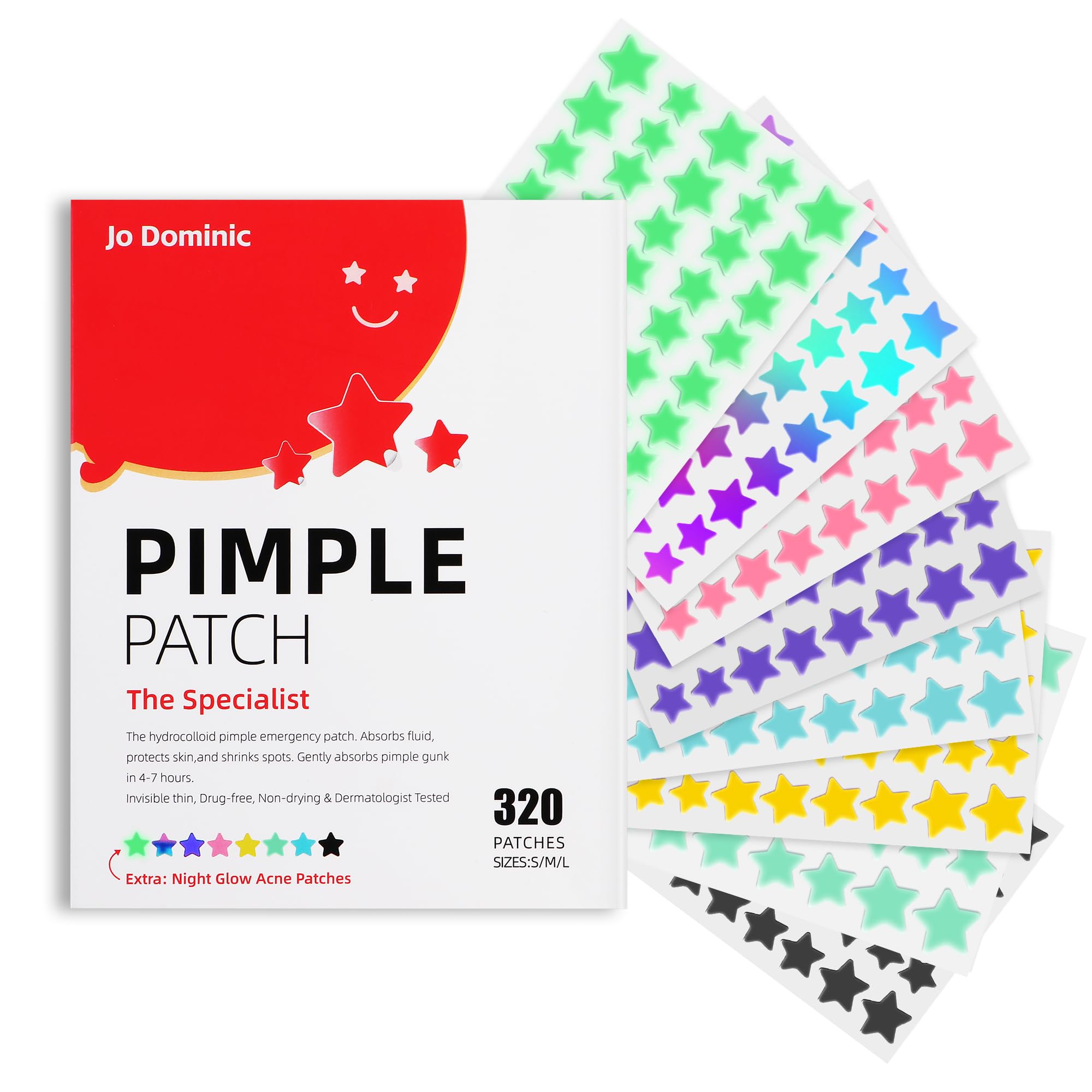 Jo Dominic Pimple stars Patches for Face, 4 Size 320 Counts Acne Patches, Hydrocolloid Patches for Covering Zits and Blemishes, 
