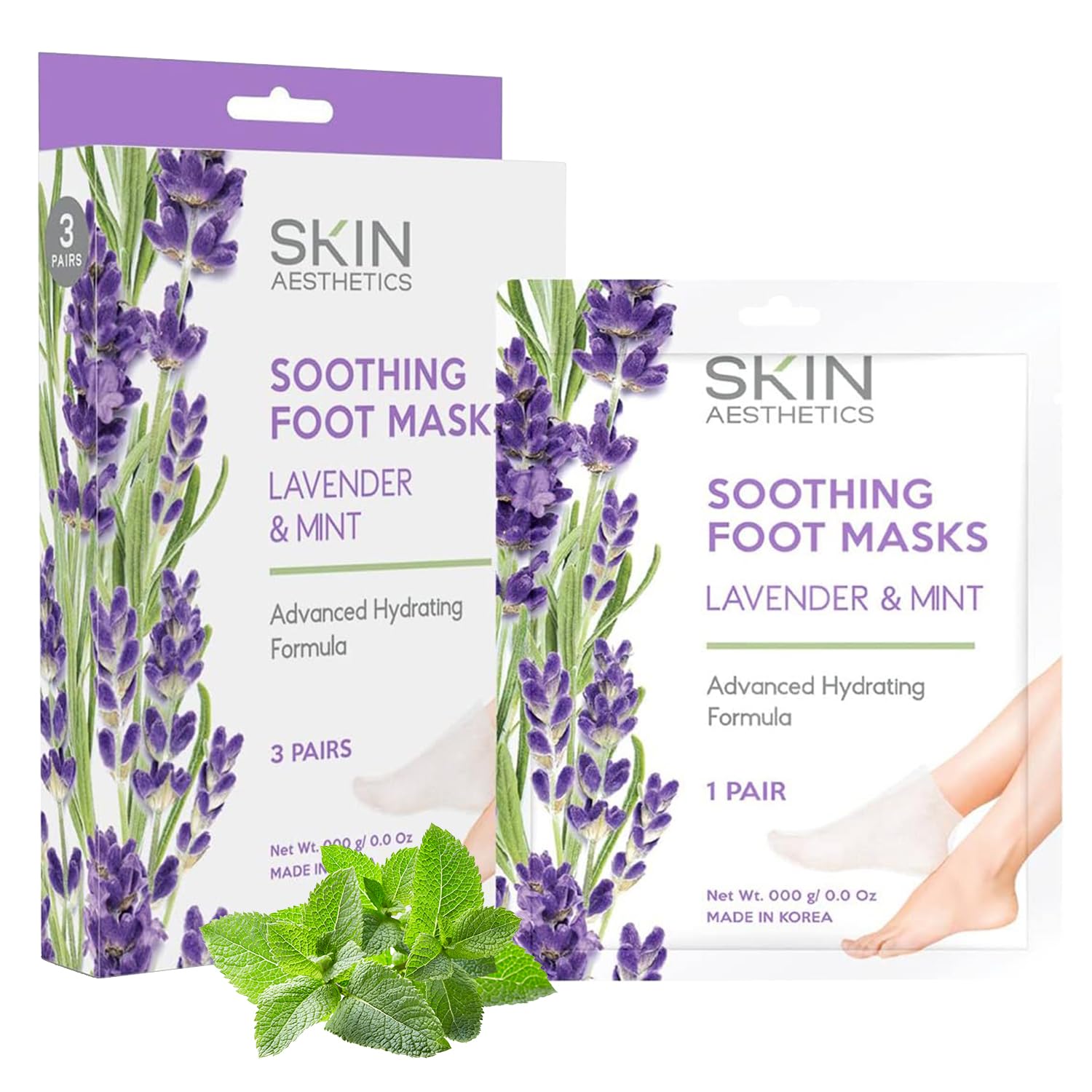 Skin Aesthetics Lavender & Mint Foot Masks - Repairs & Softens Cracked Feet, Hydrating & Exfoliating - Dermatologist Tested Kore