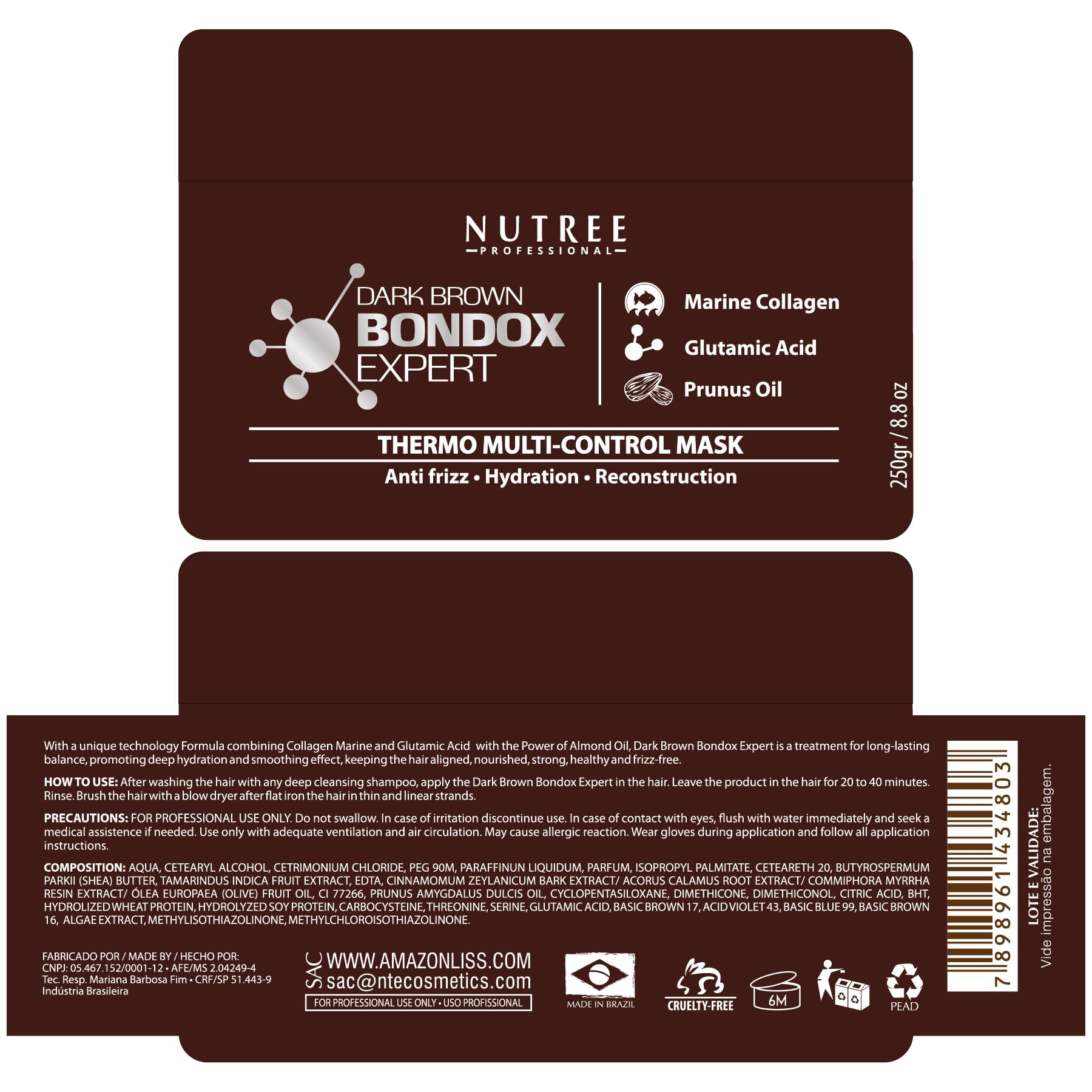 Hair Treatment Mask Damaged Dark Brown Color BONDOX 8.8oz | Color Depositing Mask with Almond Oil | Marine Seaweed Collagen | Fo