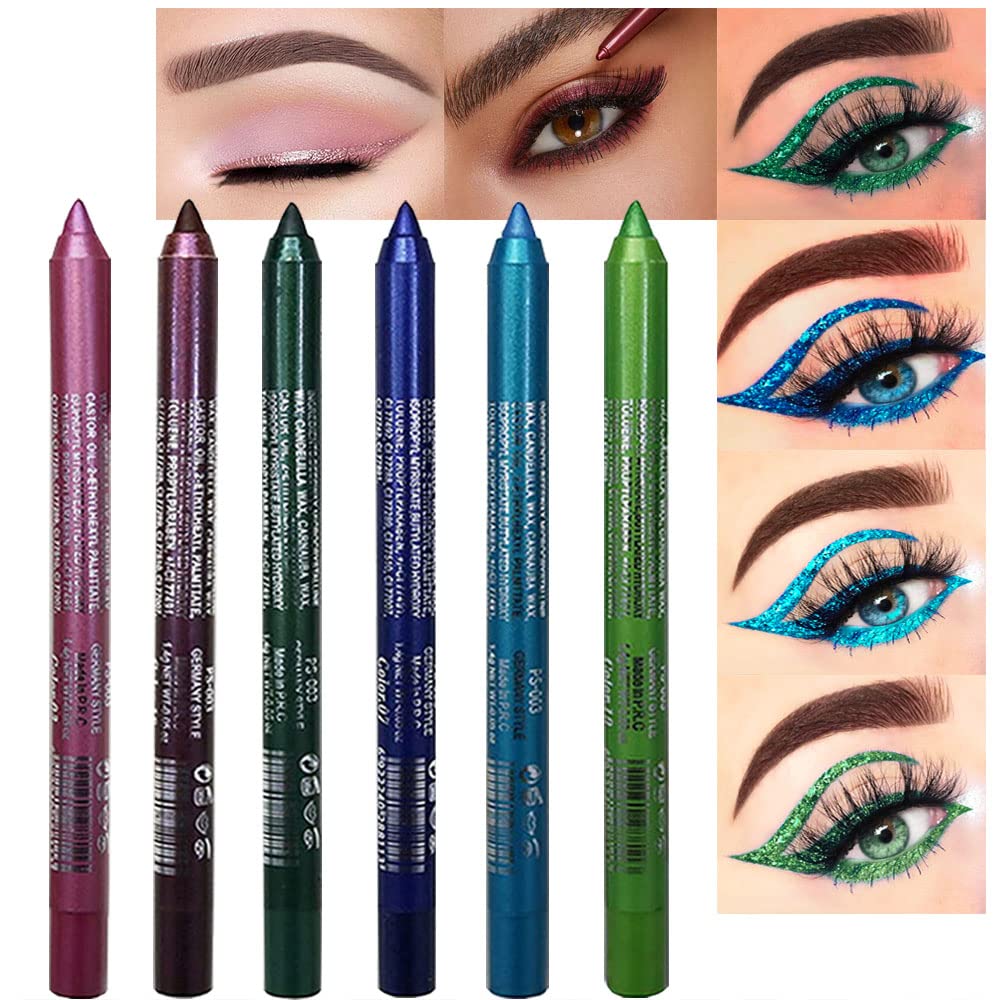 Evpct 6Pcs Blue Colored Glitter Eyeliner Pencils Set Delineadores De Colores Para Ojos Ojos Contra El Agua Dark Light Blue Green