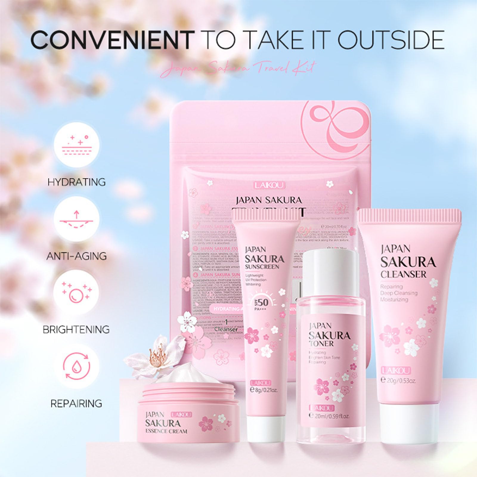 Sakura Travel Skincare Set For Teenage Girls - Face Routine Set For Women,4 Piece Gentle Skin Cleaning & Care Travel Size Kit Wi