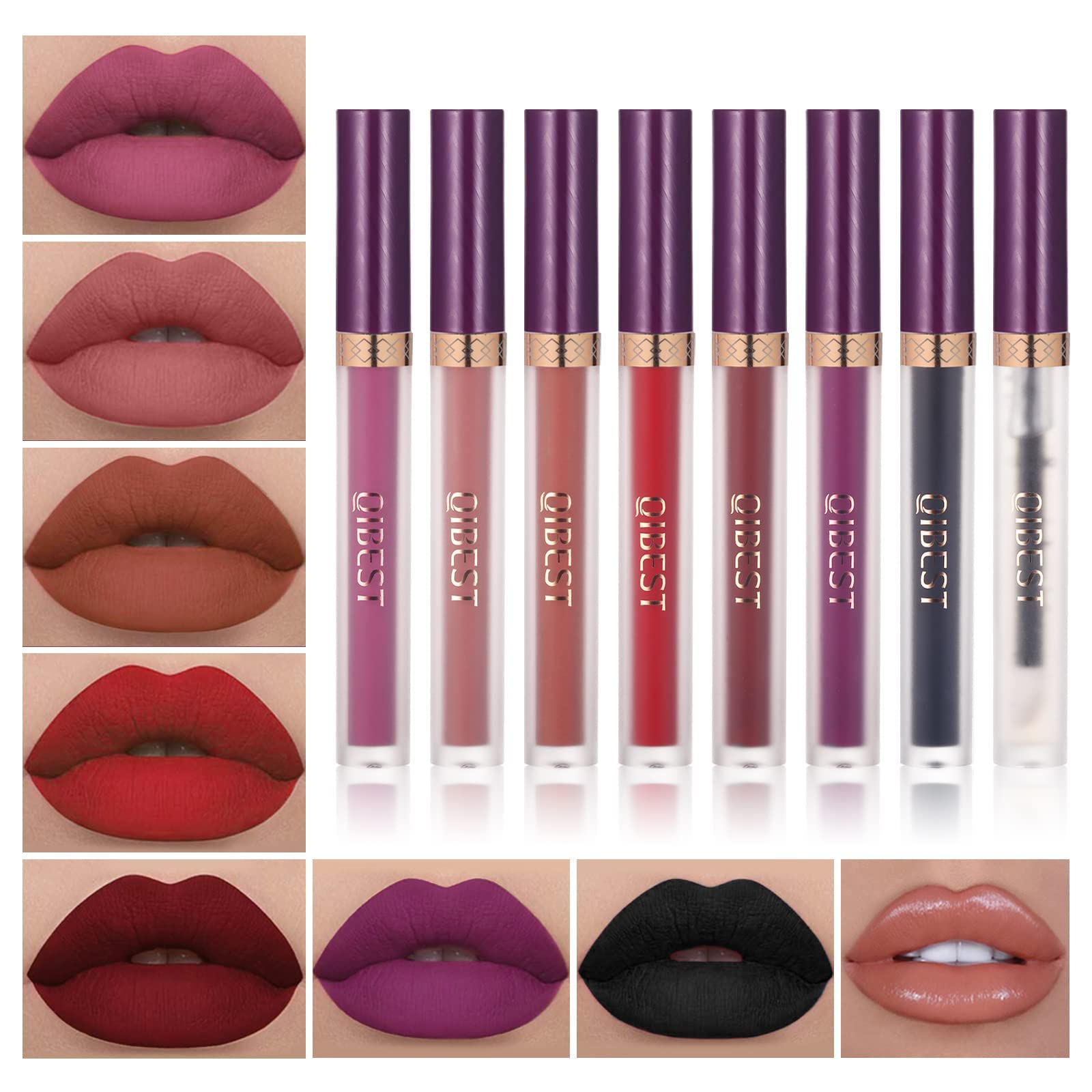 Qibest 7Pcs Matte Liquid Lipstick Wiith 1Pcs Lip Plumper Makeup Set, Waterproof Lip Gloss Sets Kit Pigmented Long Lasting Velvet