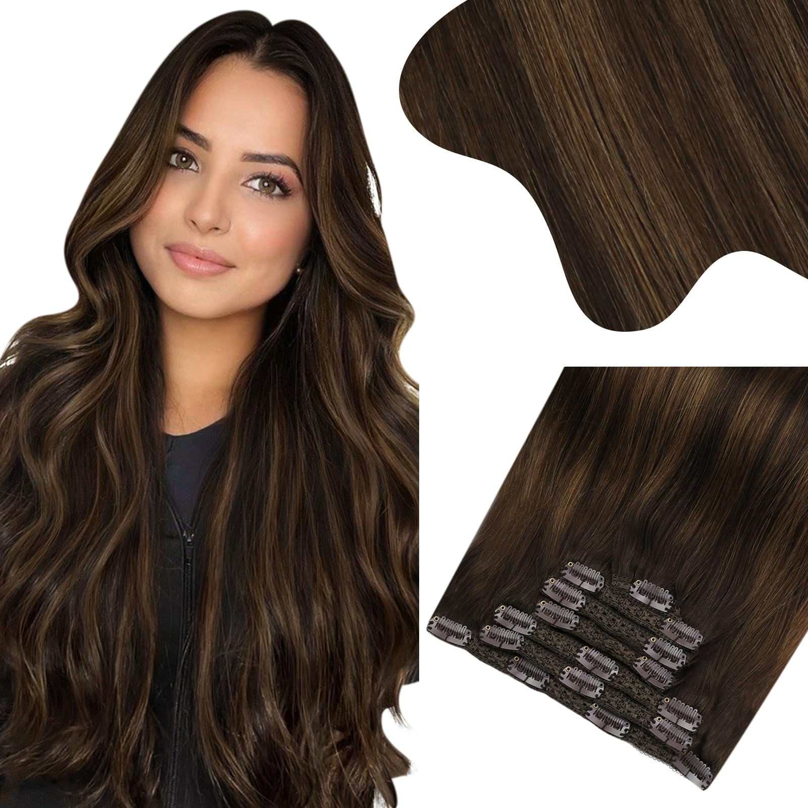 Moresoo Clip On Hair Extensions Human Hair Ombre Clip In Extensions Human Hair Darkest Brown Mixed With Chestnut Brown Balayage