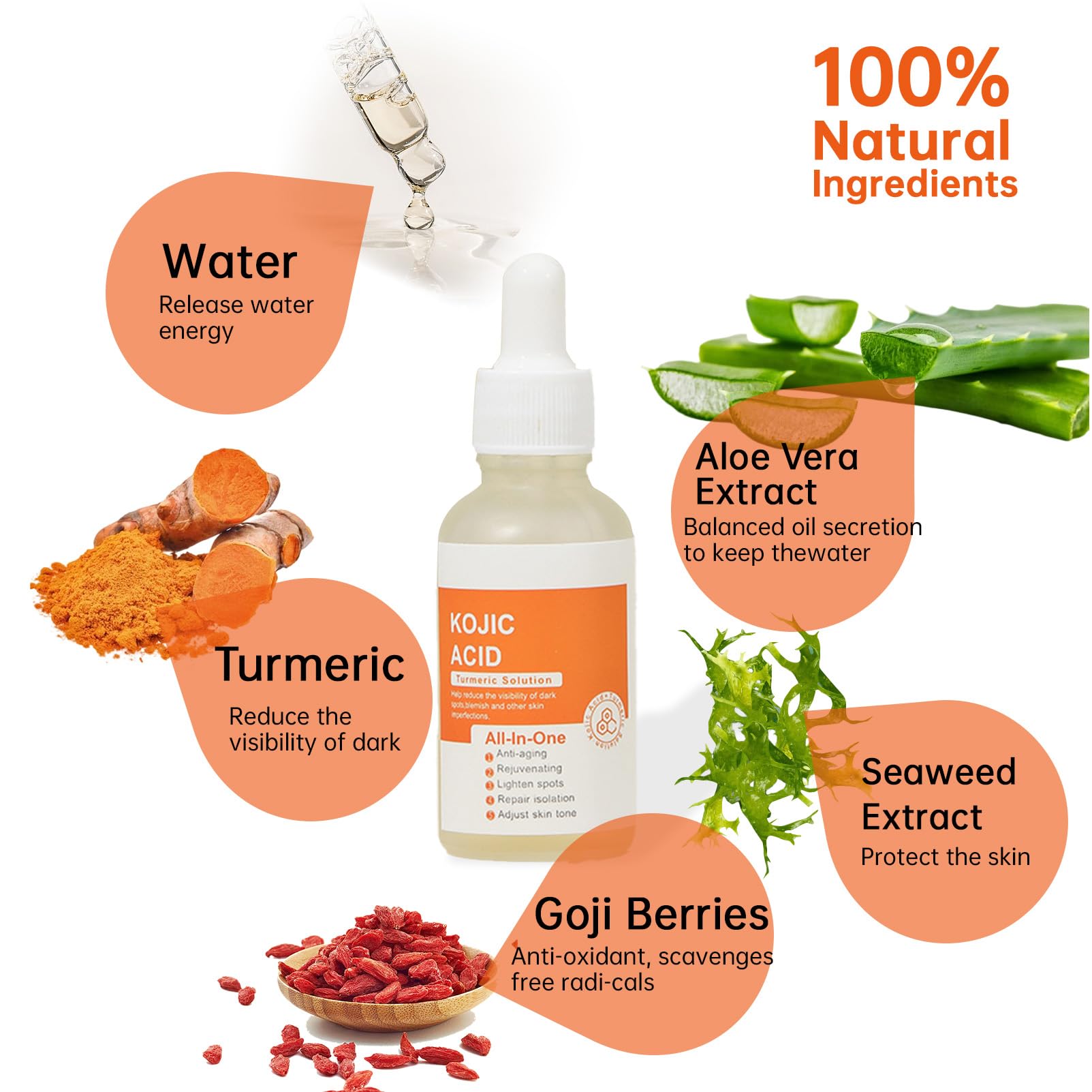 Kojic Acid Turmeric Serum For Dark Spot, 30 ML/ 1 PCS Moisturizing Kojic Acid Serum For Face, Natural Turmeric Face Serum For Fi