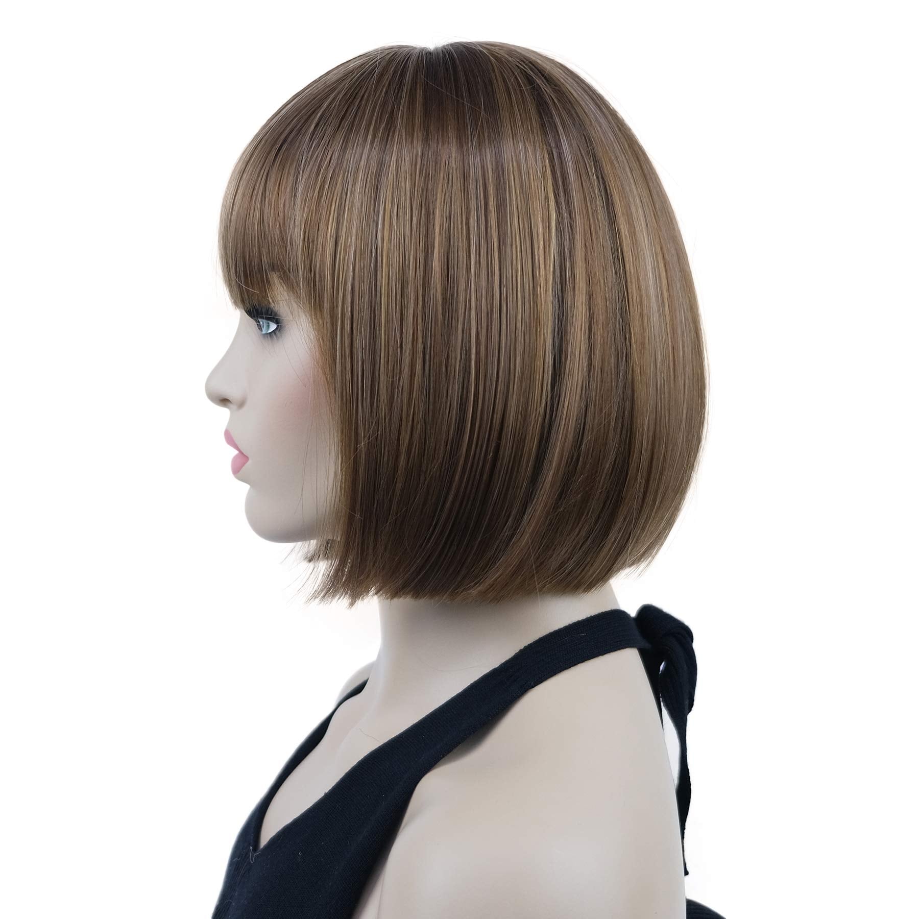 Lydell 8'' Straight Short Bob Hair Flat Bangs Cute Central Dot Skin Top Heat Resistant Synthetic Wigs (V6 Light Reddish Brown Wi