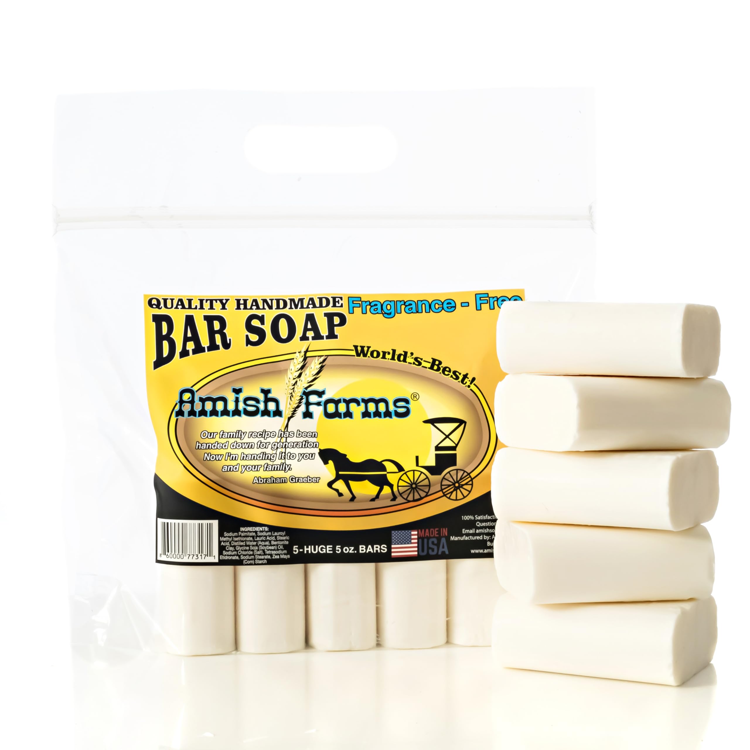 Amish Farms Fragrance-Free & Dye-Free Natural Bar Soap for Sensitive Skin (Huge 5 Bars) - Made in USA, Moisturizing Native Unsce