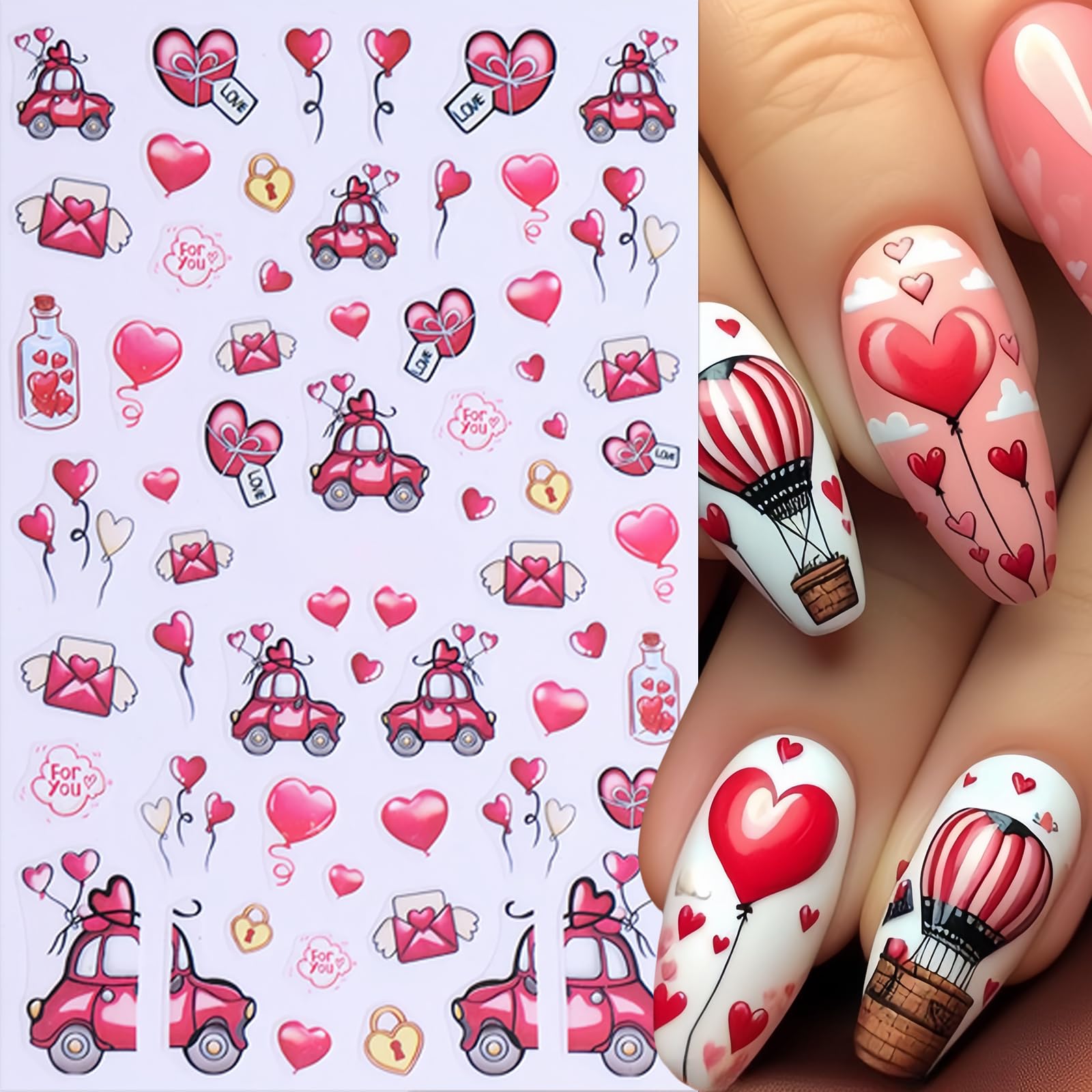 8 Sheets Valentines Day Nail Stickers 3D Self-Adhesive Red Rose Love Angel Nail Decals Small Car Envelope Rose Love Heart Nail D