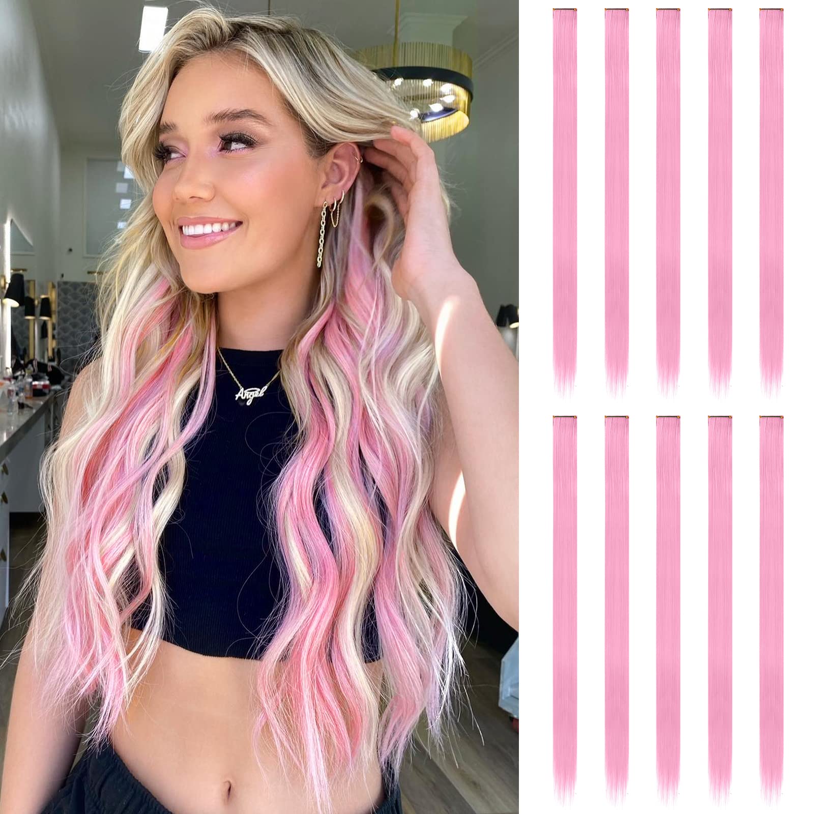 FESHFEN Colored Pink Clip in Hair Extensions, 10 PCS Pink Hairpieces Highlight Colorful Straight Synthetic Clip in Hair Pieces f