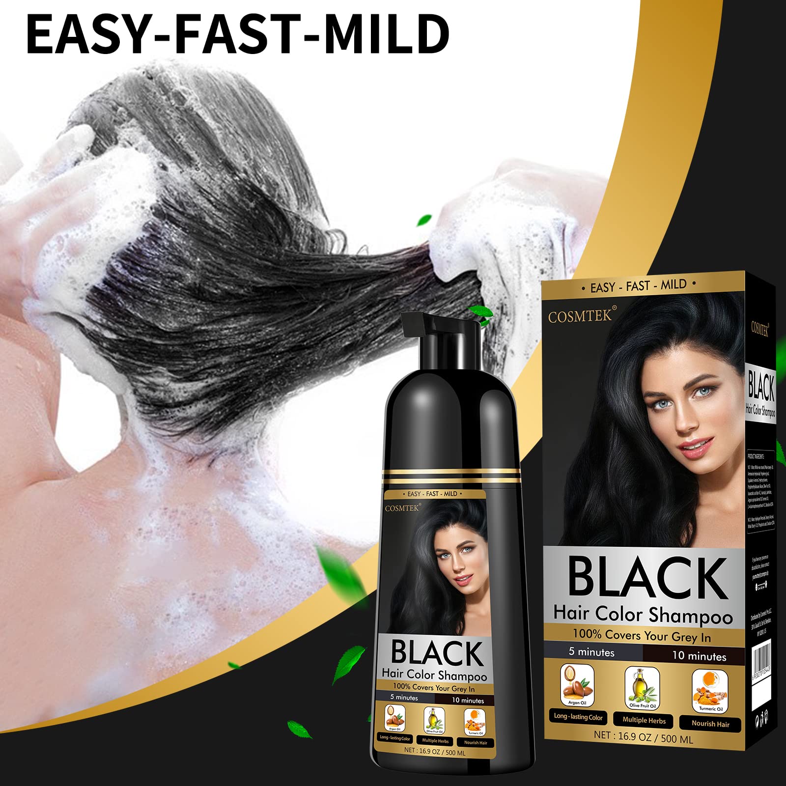COSMTEK Black Dye Shampoo for Permanent Hair Color - Men&Women, Gray Coverage, Beard & Treated Hair, 3-In-1, 30 Days/500ml/Ammon