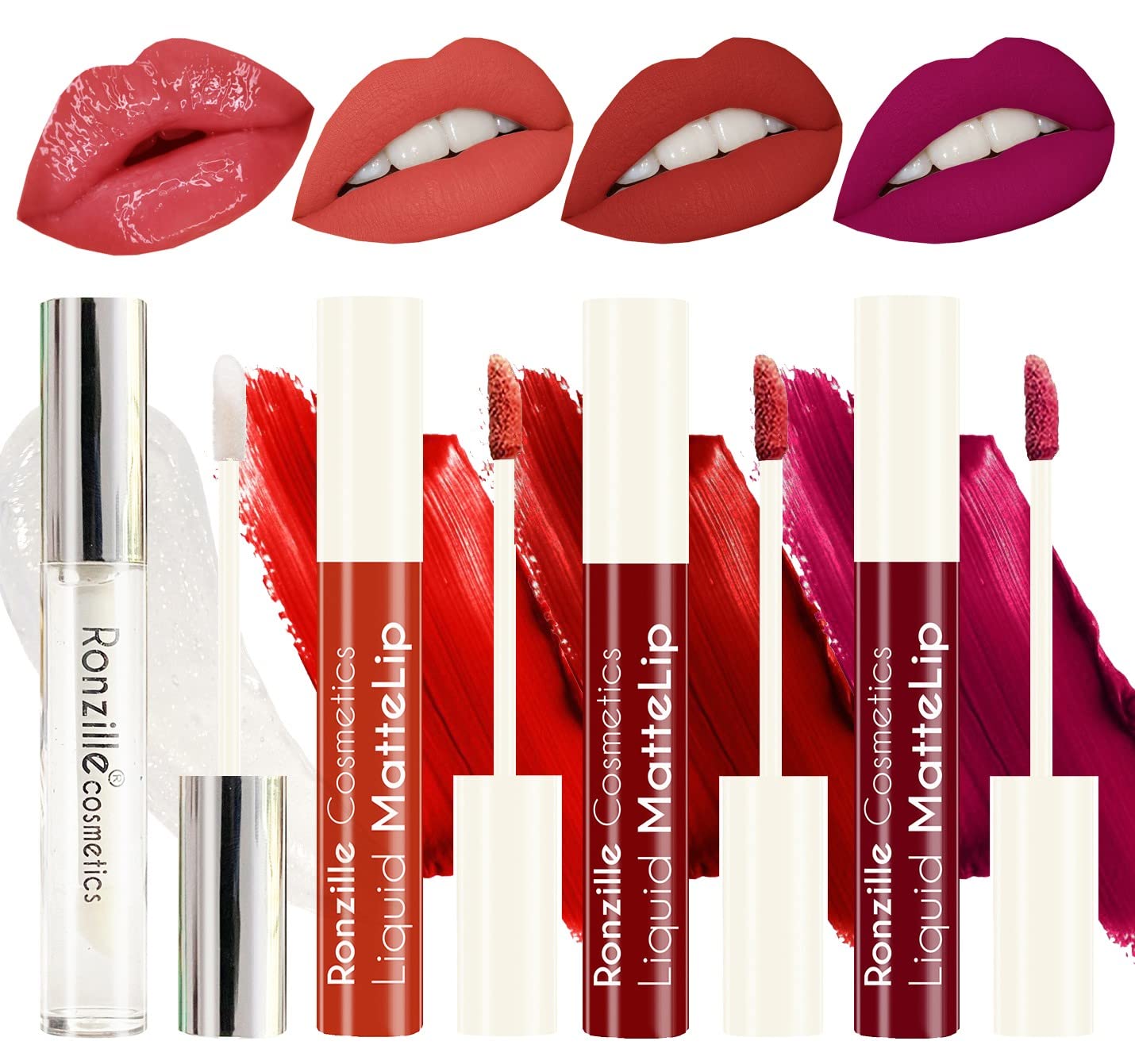 Ronzille Matte Liquid Lipstick Non Transfer Plus Lip Gloss Red Edition Pack Of 4 (Shade Red)