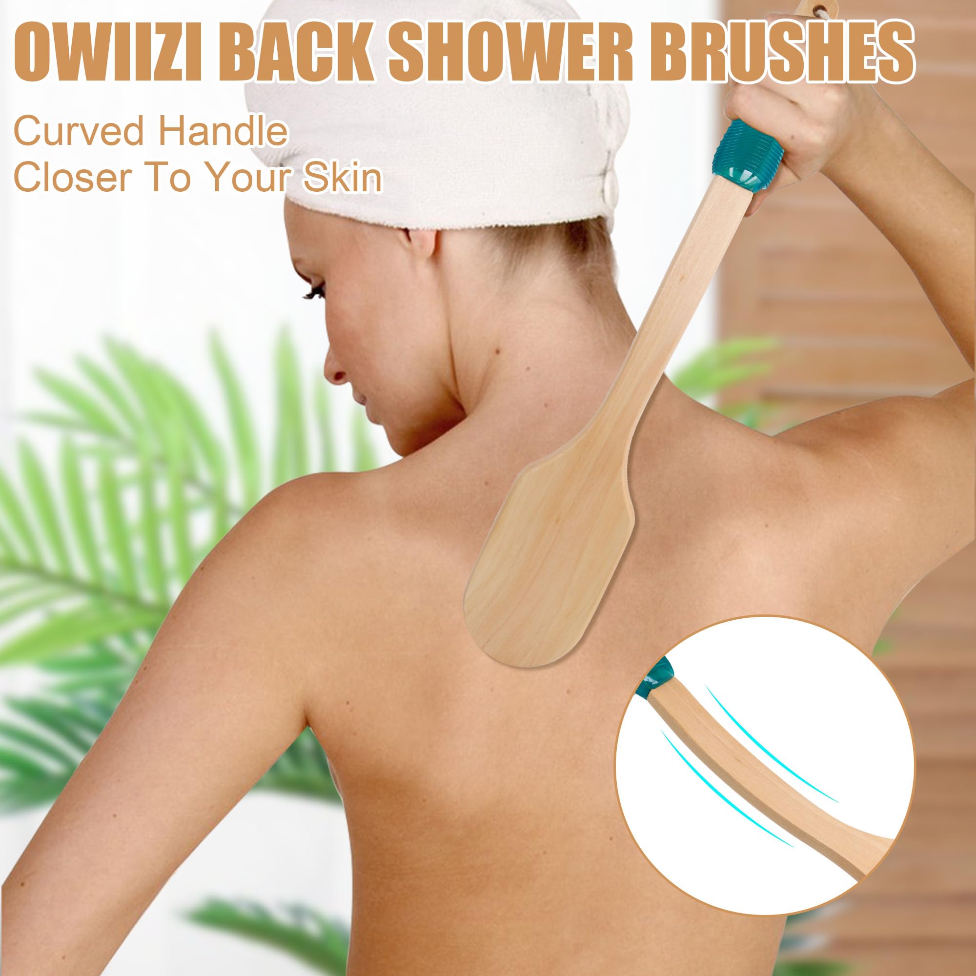 Owiizi Back Scrubber For Shower,Stiff Boar Bristles Wooden Curved Long Handle Antiskid Body Bath Brush For Back Use Wet Or Dry,D