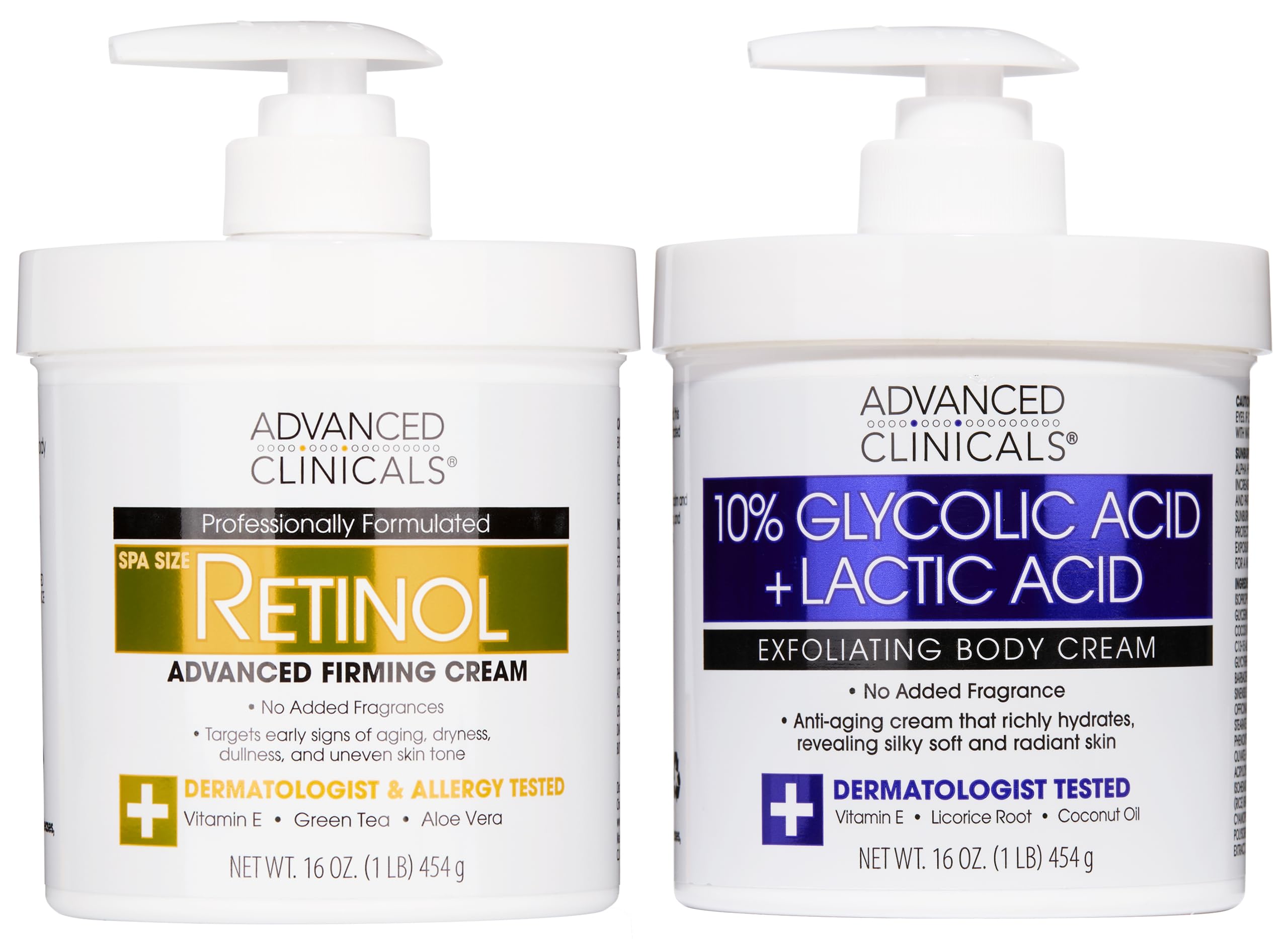 Advanced Clinicals Retinol Body Cream Moisturizer + Exfoliating 10% Glycolic Acid & Lactic Acid Lotion 2PC Skincare Set For Wome