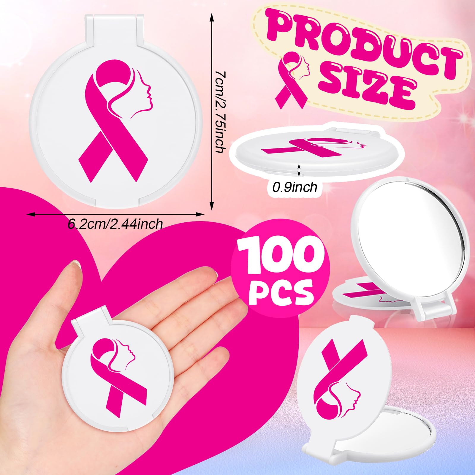 Huwena 100 Pcs Breast Cancer Awareness Accessories Gift Bulk White Pink Ribbon Breast Cancer Compact Mirror for Women Small Pock