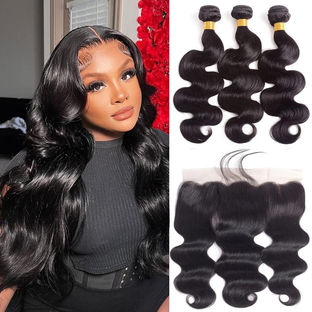 Body Wave Bundles with 13x4 Lace Frontal Human Hair Bundles with Free Part Frontal Body Wave 3 Bundles with Frontal Brazilian Hu