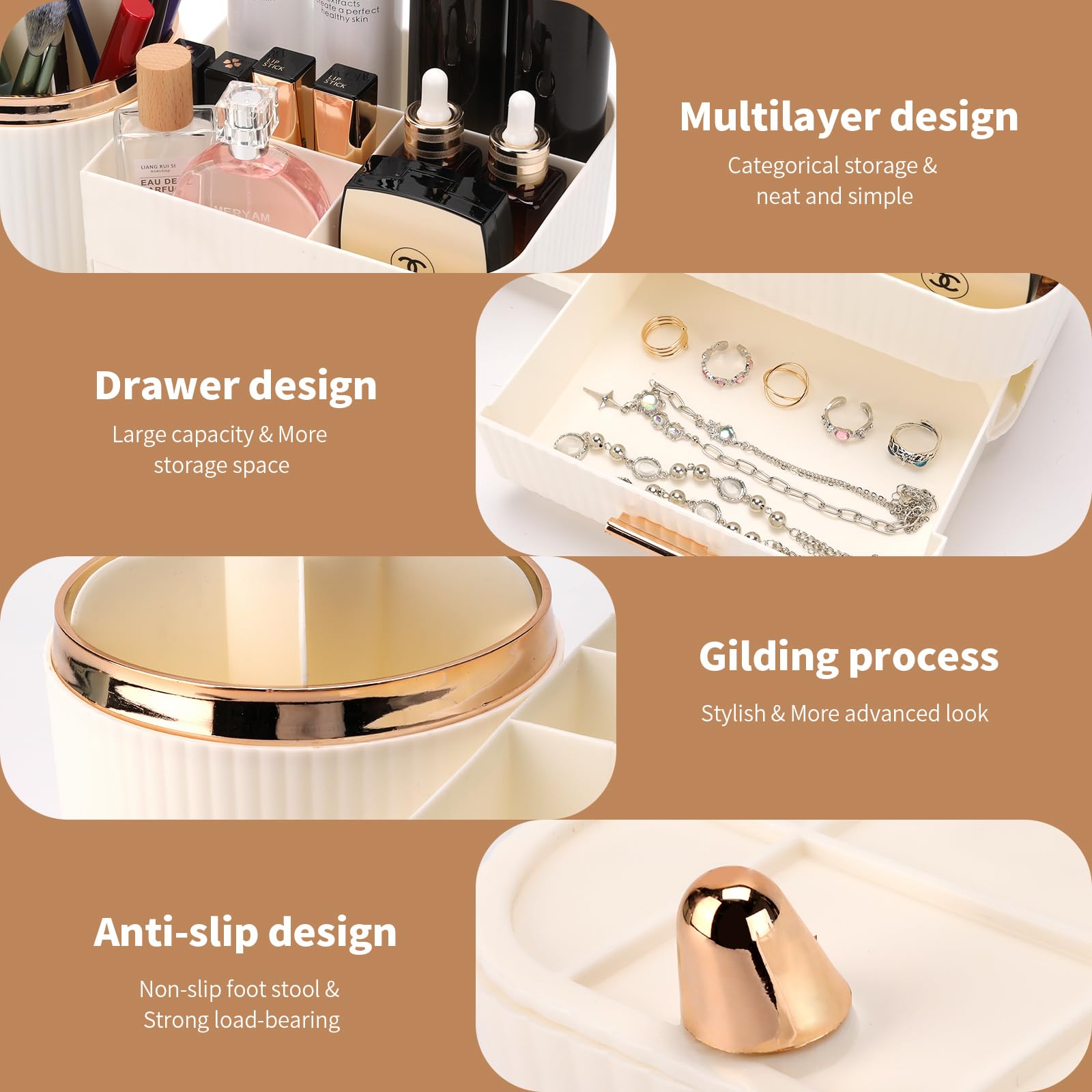Beborxue 360 Rotating Makeup Organizer For Vanity With Drawers, Large Capacity Cosmetic Display Case, Skincare Organizer, Cosmet