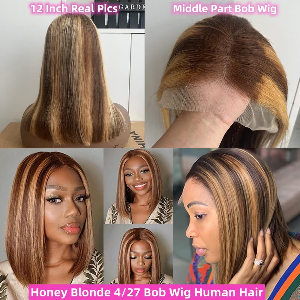 Superfect 4/27 Lace Front Bob Wig Human Hair Ombre Honey Blonde 13X4 Hd Lace Front Wigs Human Hair Pre Plucked Middle Part Highl