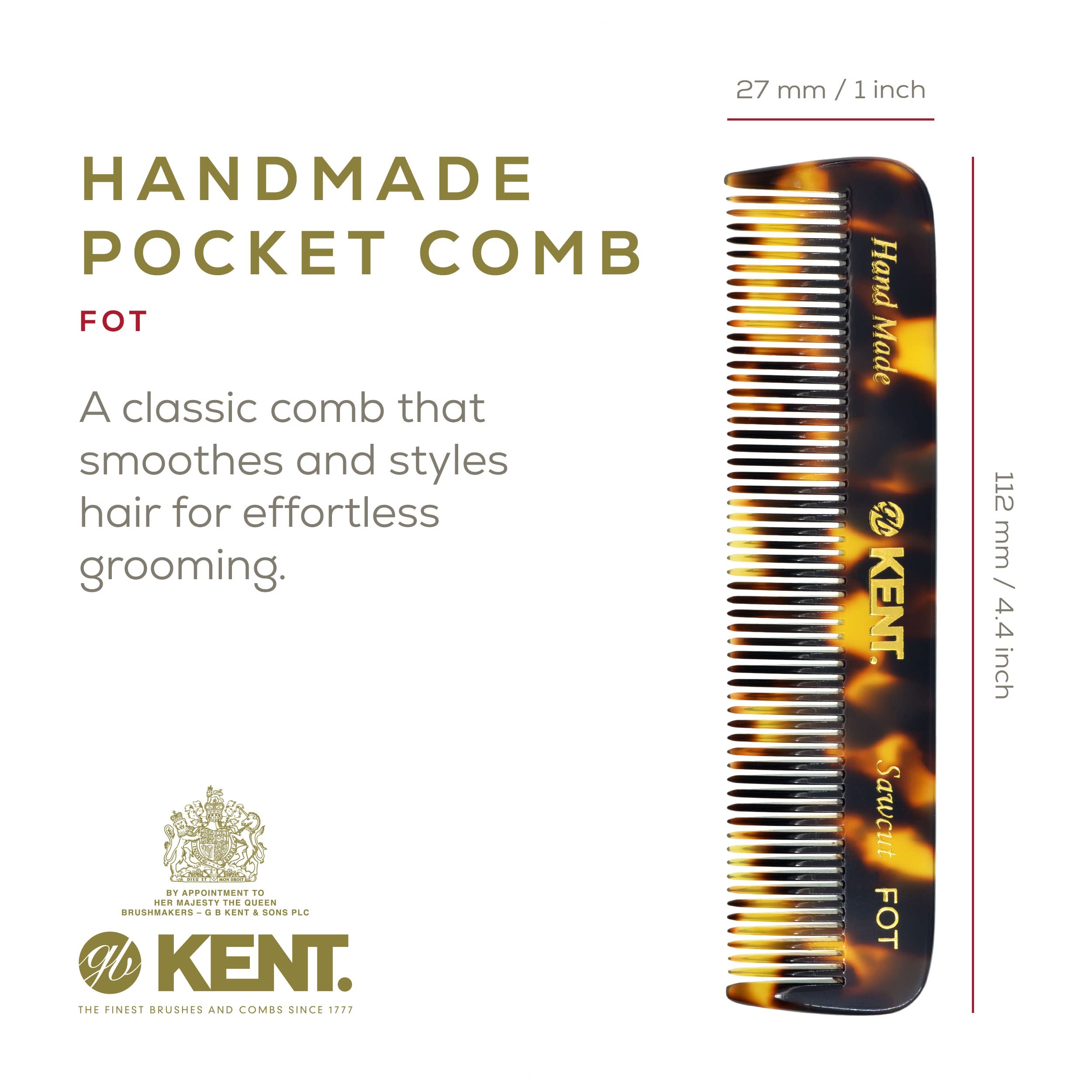 Kent Fot Ty Fine Tooth Beard And Hair Comb - Handmade Travel Pocket Styling Comb For Thinning Hair, Mustache Care - Essential Fo