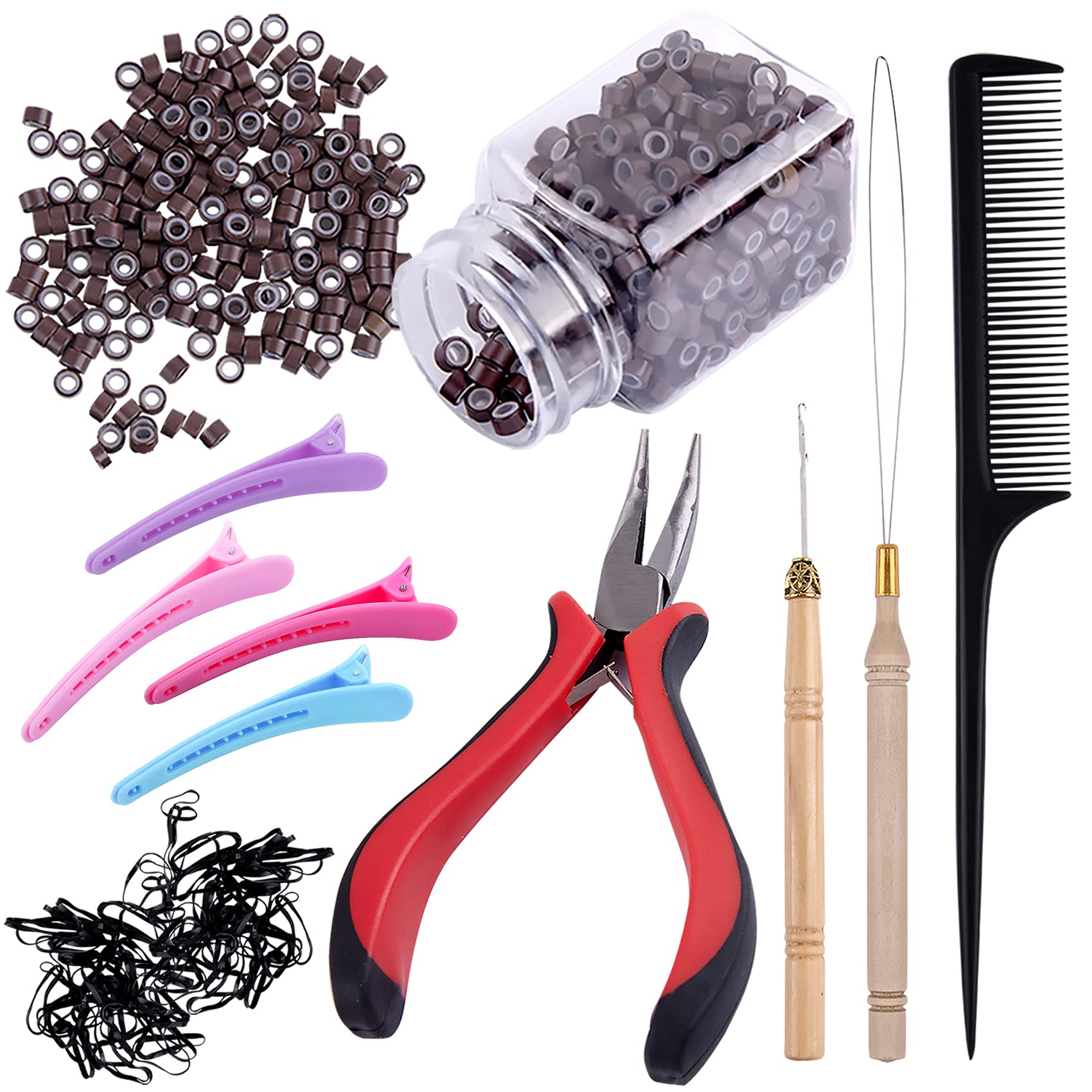 Duufin Hair Extensions Kit 500 Pcs Brown Micro Ring Beads 1 Micro Beads Plier 2 Hook Needle Pulling Loop 4 Plastic Alligator Hai