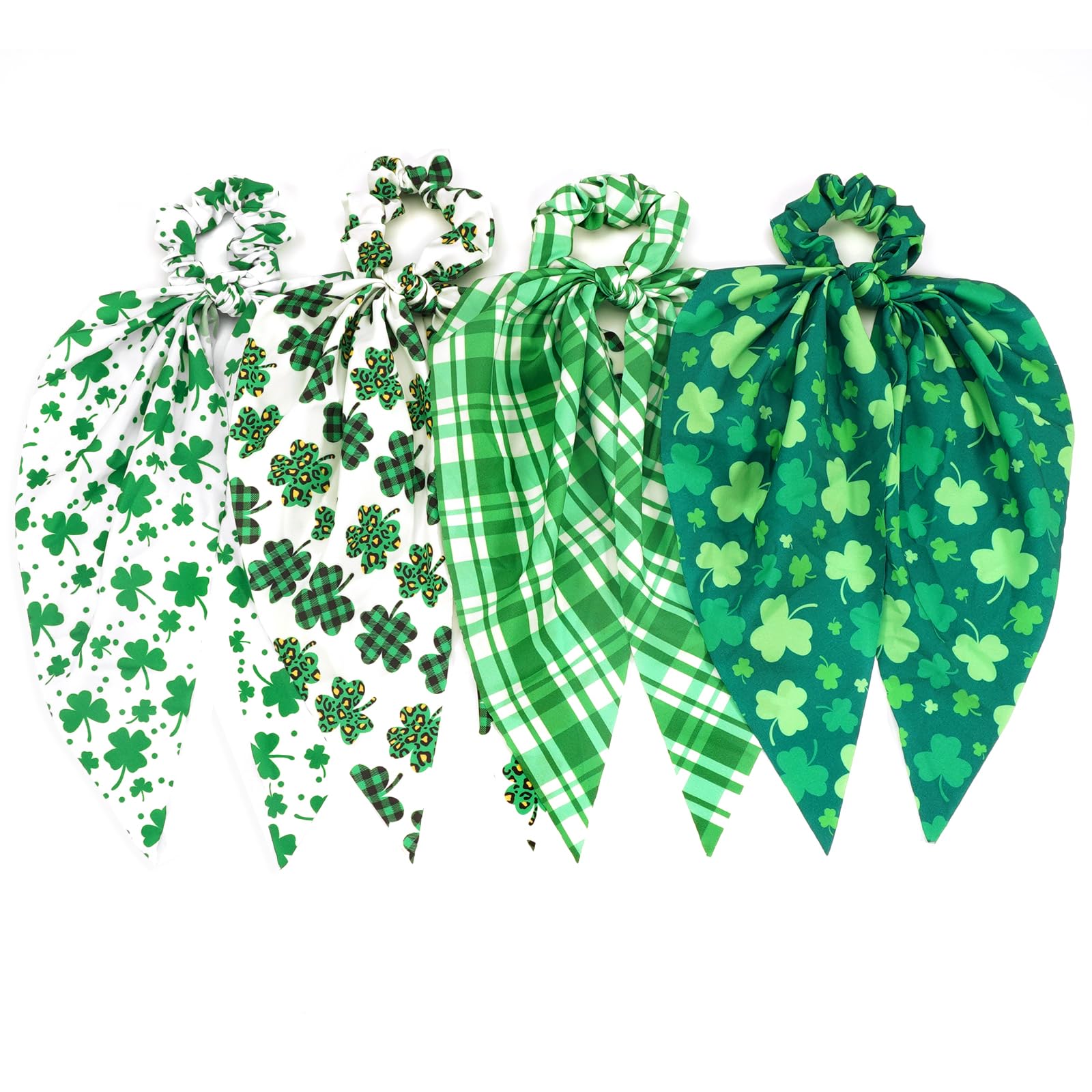 4pcs St.Patricks Day Hair Ties for Woman Girls Green Plaid Shamrock Ribbon Hair Scrunchies Elastic Irish Lucky Leaf Hair Tie St