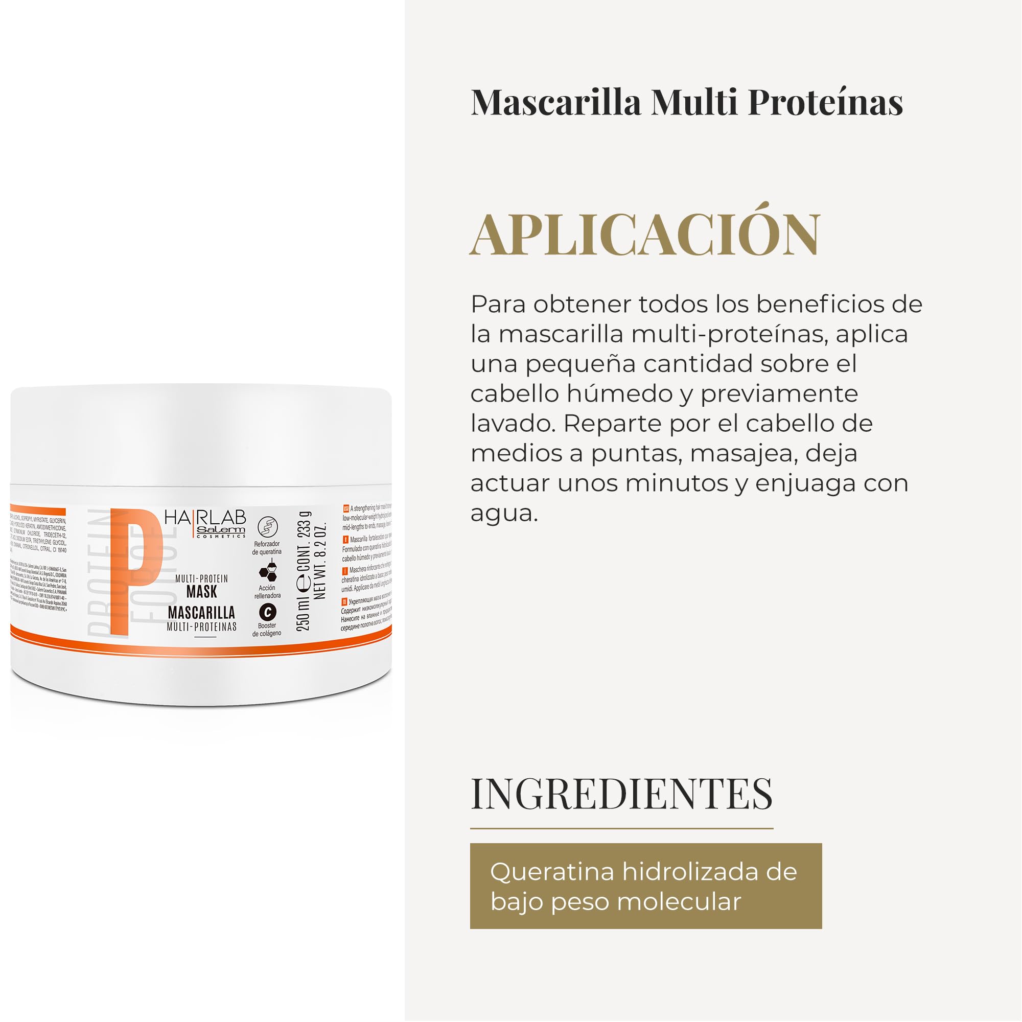Salerm - Damaged Hair Mask - Multi-Proteins Hair Lab - 250 Ml - Replenishes Natural Keratin - Adds Body To Hair - Strengthens An