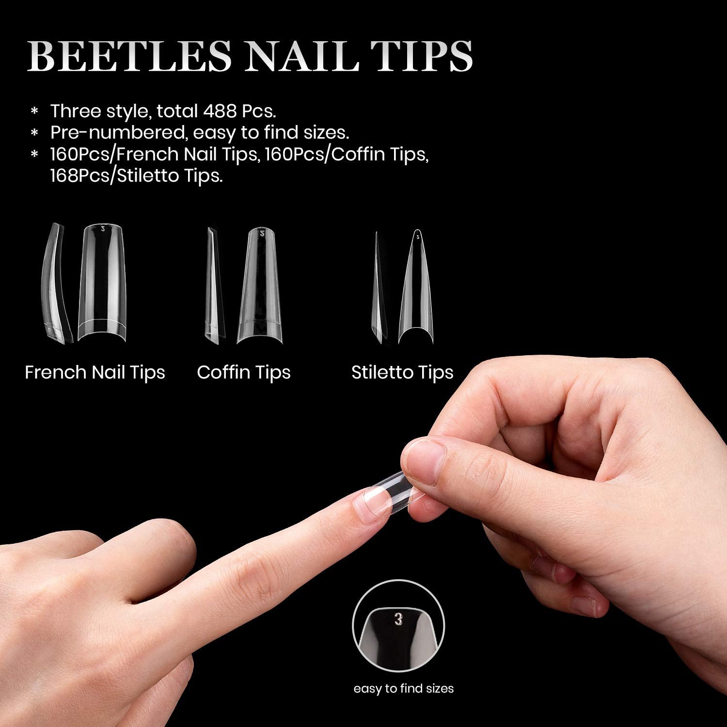 Beetles 3 Styles Acrylic Nail Tips - Artificial False Nails Clear Coffin Ballerina Stiletto Nail Tips for Acrylic Nail/Dip Powde