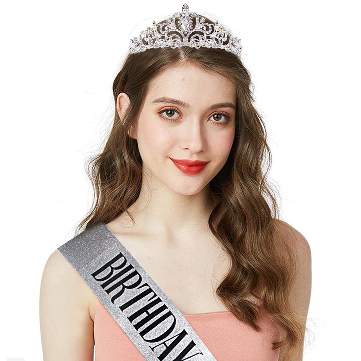 ''Birthday Girl '' Sash & Rhinestone Tiara Set Silver COCIDE Birthday Sash and Tiara for Women Birthday Decoration Kit Rhinesto