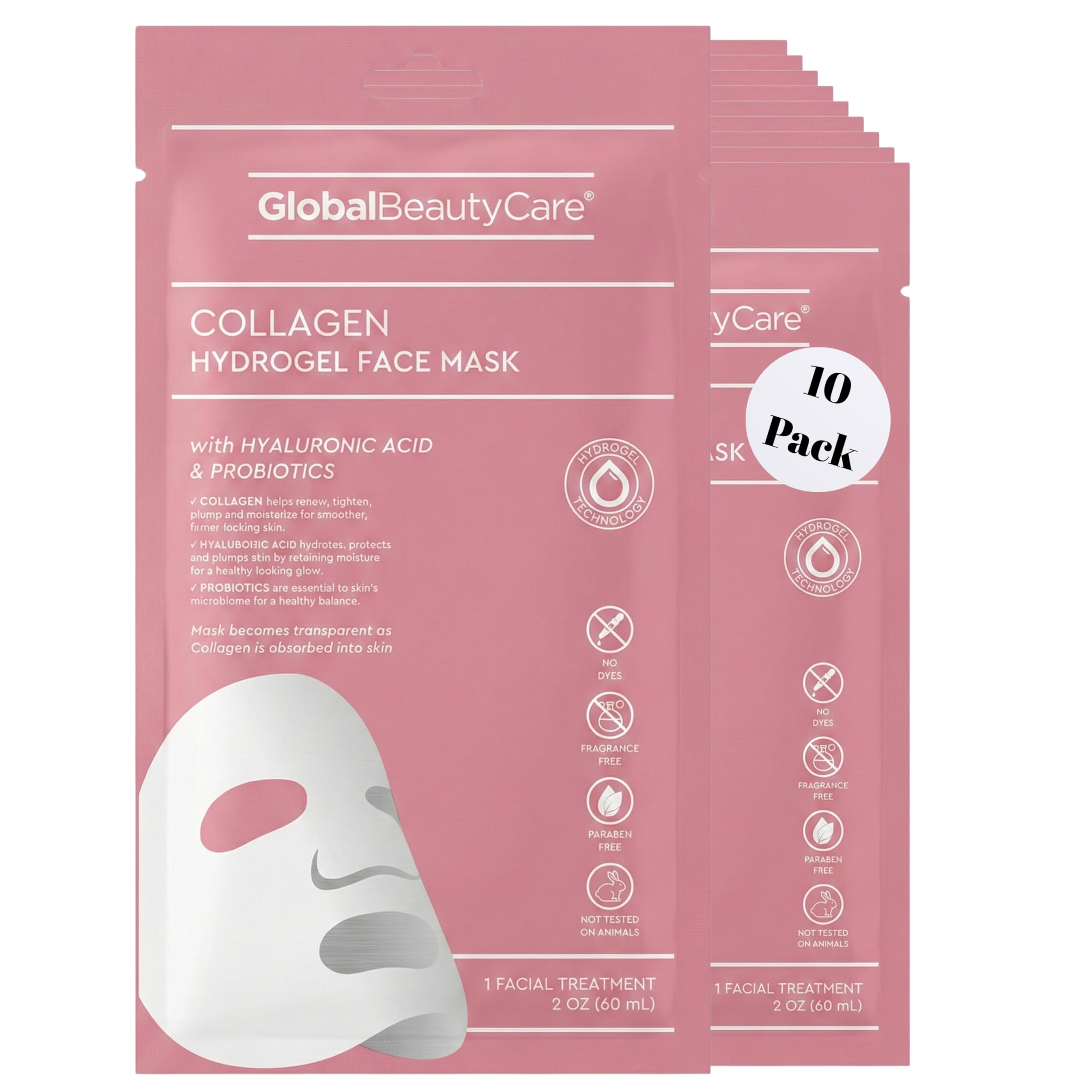 Global Beauty Care Collagen Hydrogel Face Mask  Hydration & Plumping Facial Treatment for Dry, Dull Skin with Hyaluronic Acid &
