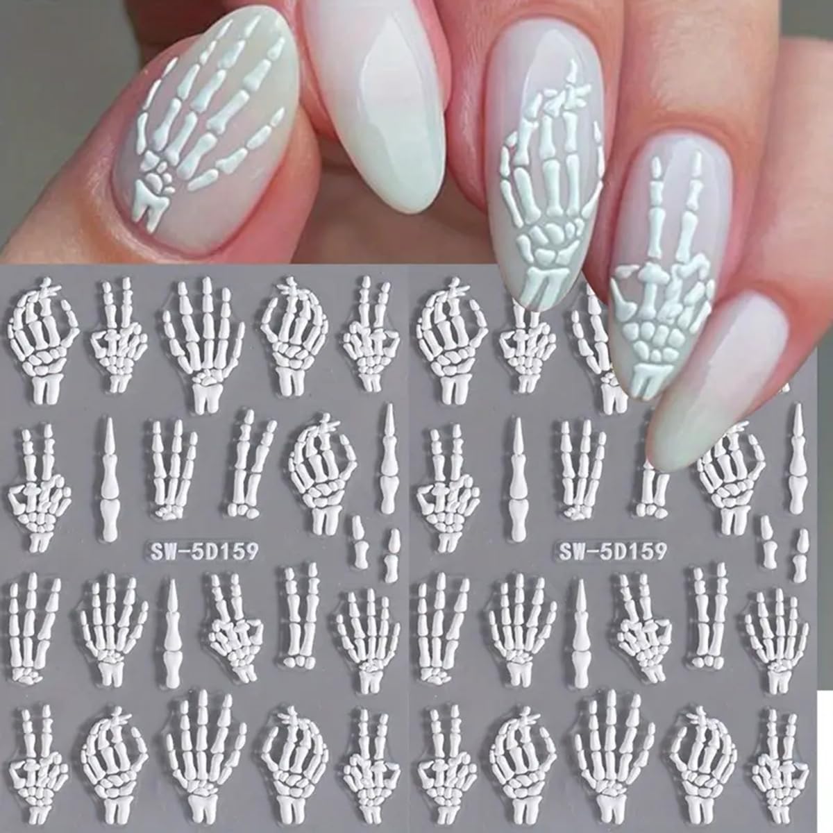 Halloween Nail Art Stickers Decals 5D Embossed Skeleton Nail Decals 2PCS Fantasy Bone Skeleton Design Halloween Nail Stickers Na
