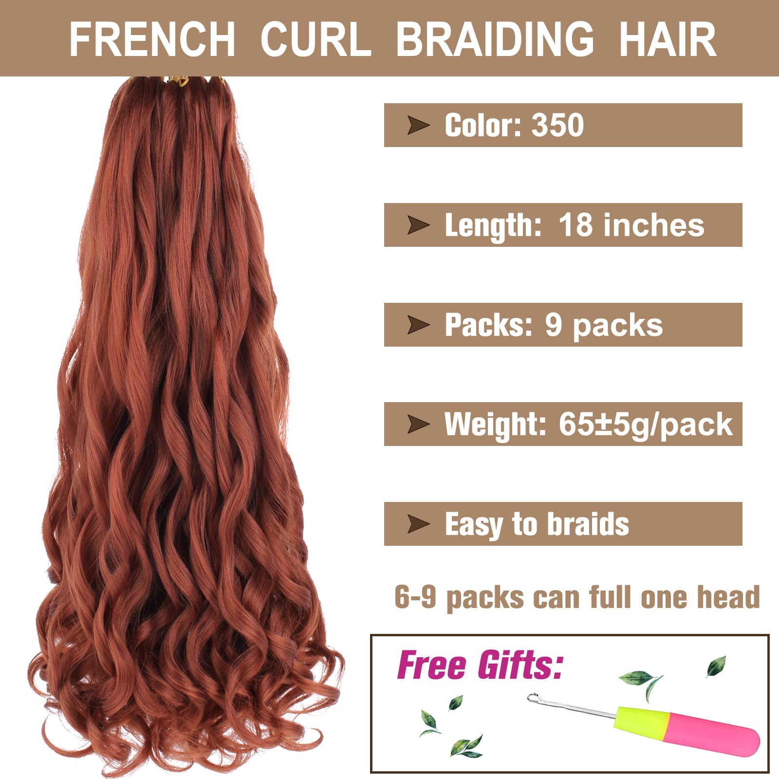 COOKOO 9 Pack 18" Copper Red Pre-Stretched Curly Braiding Hair - Synthetic Loose Wave Crochet Extensions for Goddess Nu Locs 350#