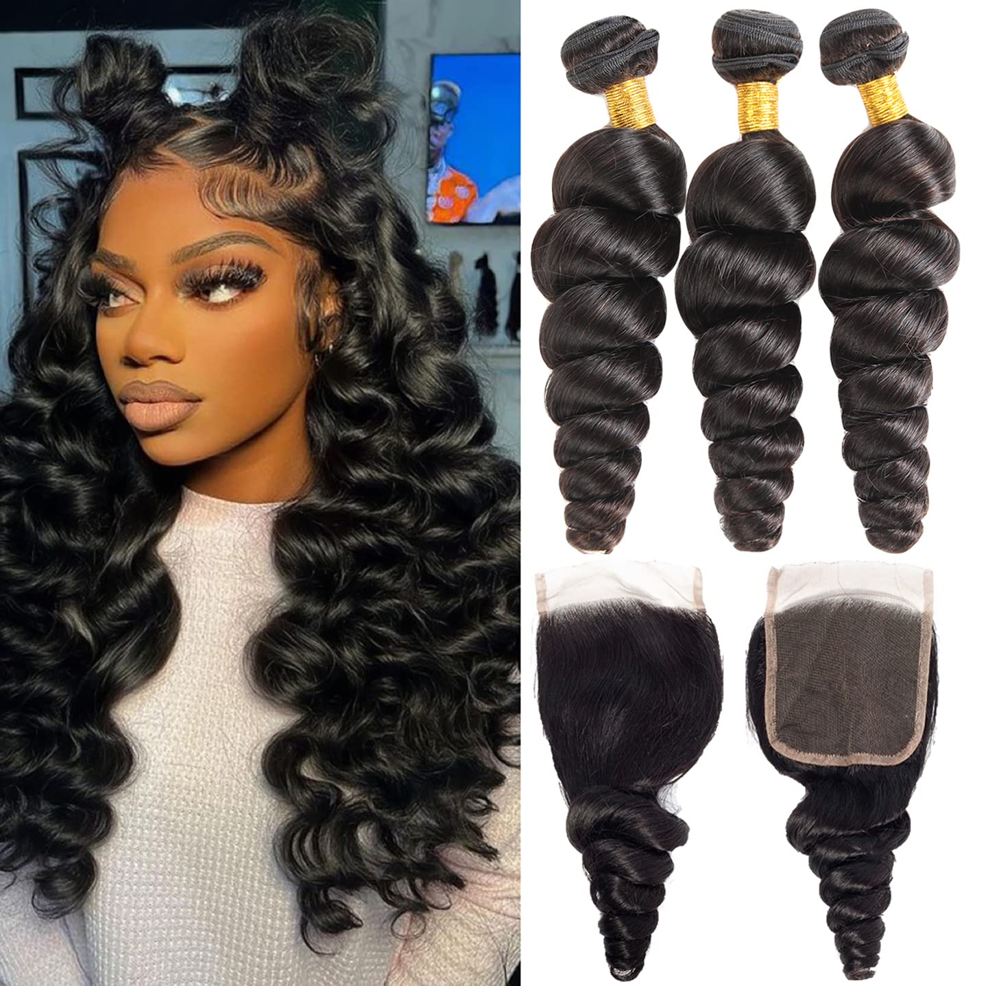 Loose Wave Bundles With 4X4 Lace Closure Free Part (10 12 14+10) Inch Loose Wave Human Hair Bundles Loose Deep Wave Hair 3 Bundl