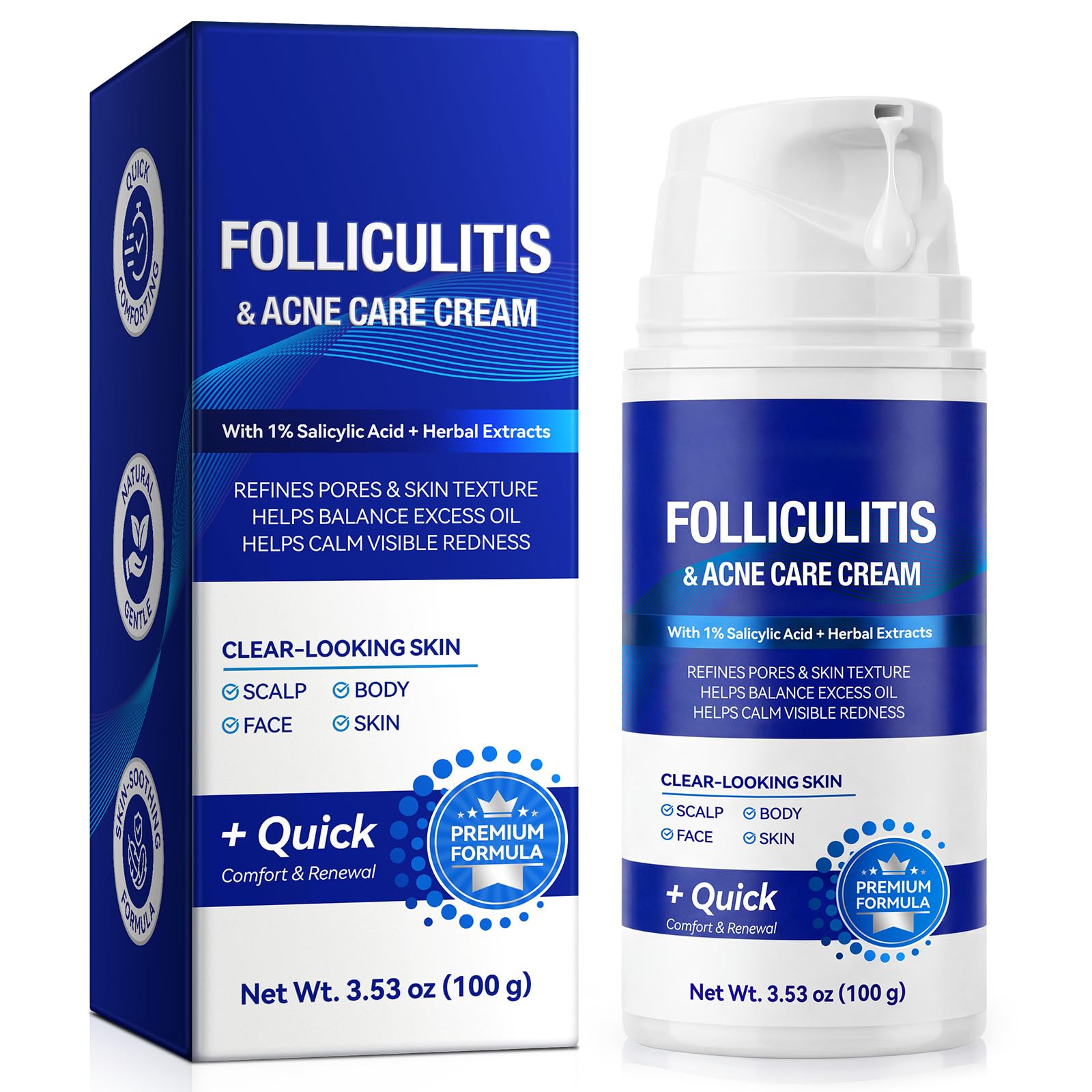 Acne Treatment for Face, Folliculitis Cream with 1% Salicylic Acid for Cystic  MultiPurpose Gentle Herbal Formula for Scalp, F