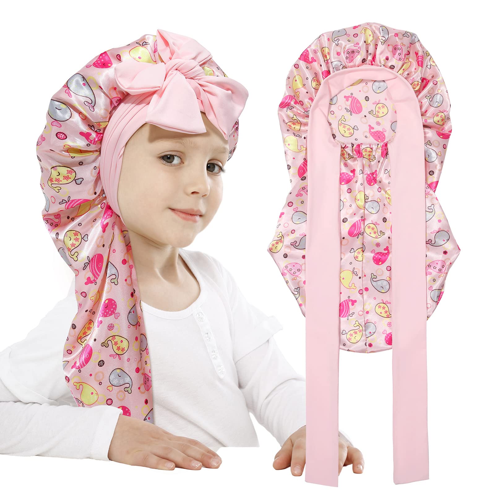 AWAYTR Long Toddler Silk Bonnet for Sleeping Elastic Satin Bonnets for Curly Hair Braid Bonnet Night Cap for Aged 3-12 Kids (Wha