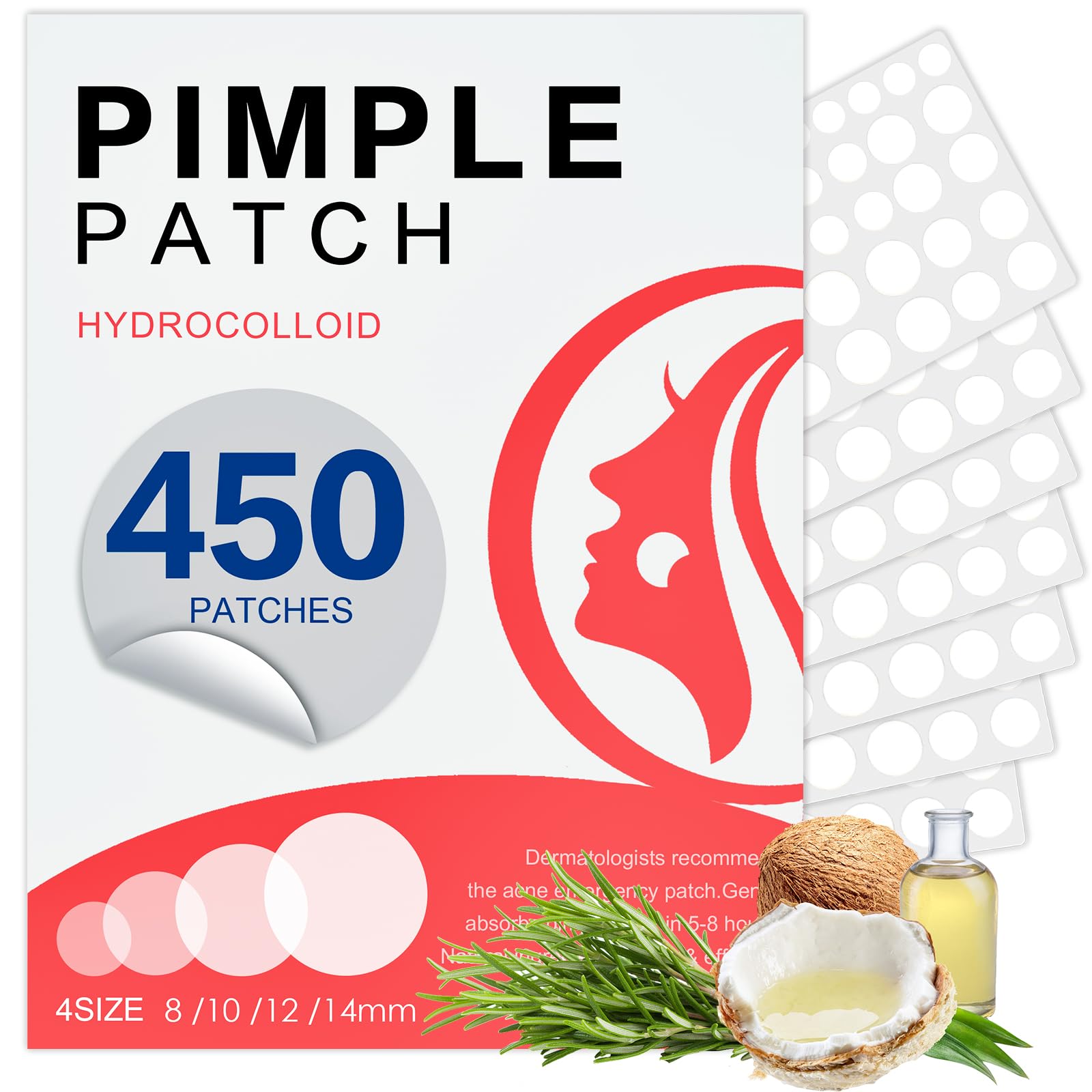 450 Pimple Patches for Face, Hydrocolloid Acne Patches for Zit Covers, Invisible Skin Stickers for Blemish Spot Treatment, 4 Siz