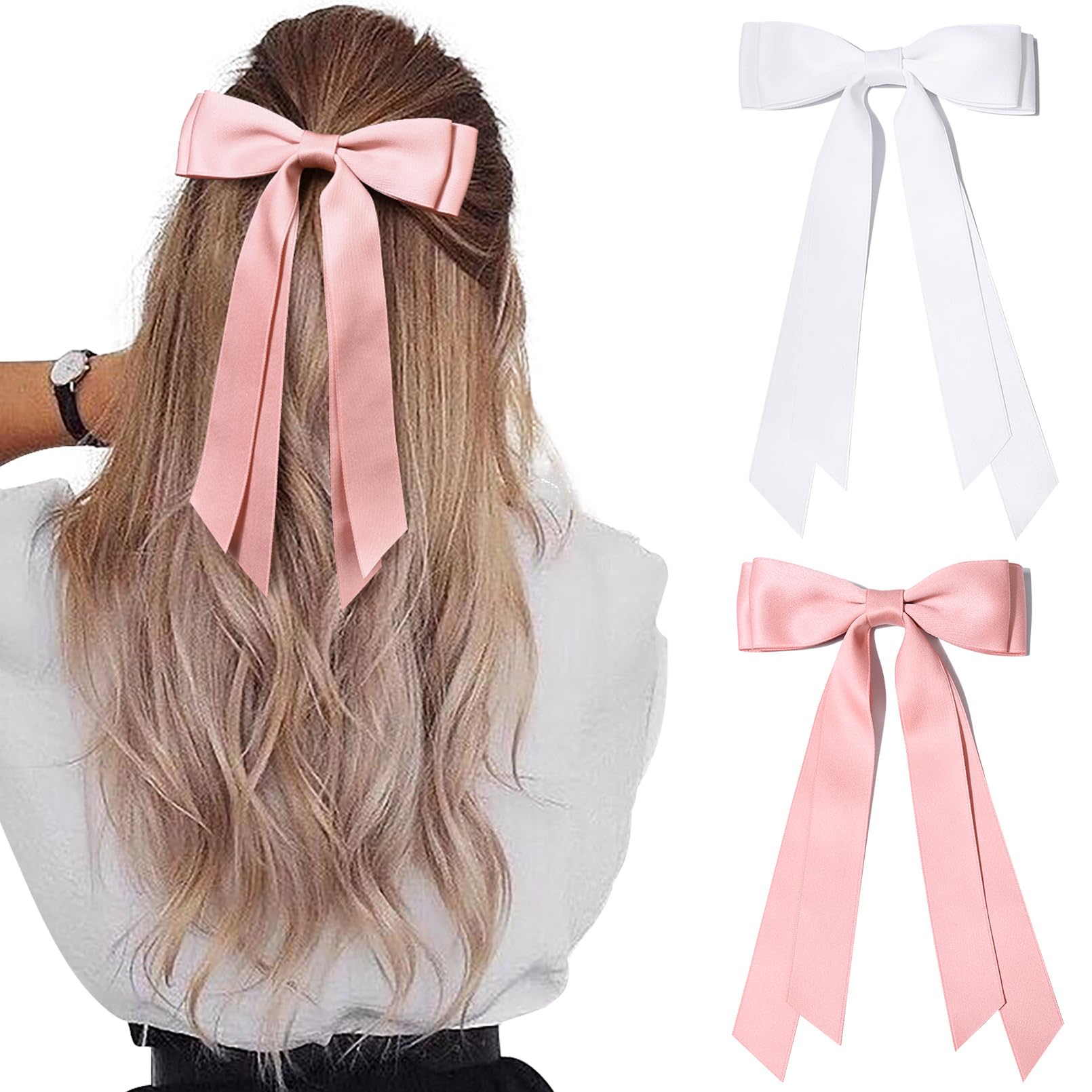 2PCS Silky Satin Hair Bows Hair Clip Pink White Hair Ribbon Ponytail Holder Accessories Slides Metal Clips Hair Bow for Women Gi