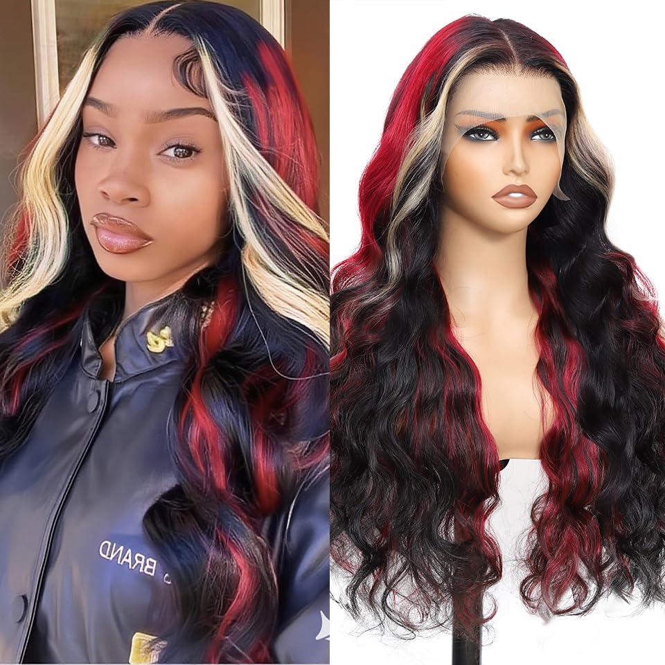 Aolvoblees Red Blonde Black Skunk Stripe Human Hair Wig 250% Density 13X4 Body Wave Highlight Burgundy Ombre HD Lace Front Front