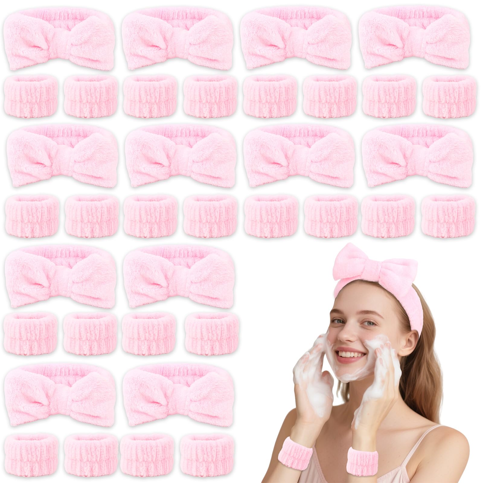 Wecoe 12 Pack Pink Spa Headbands and Wristbands Set for Washing Face Makeup Skincare Cute Soft Bow Hairbands Wrist Towels Sleepo