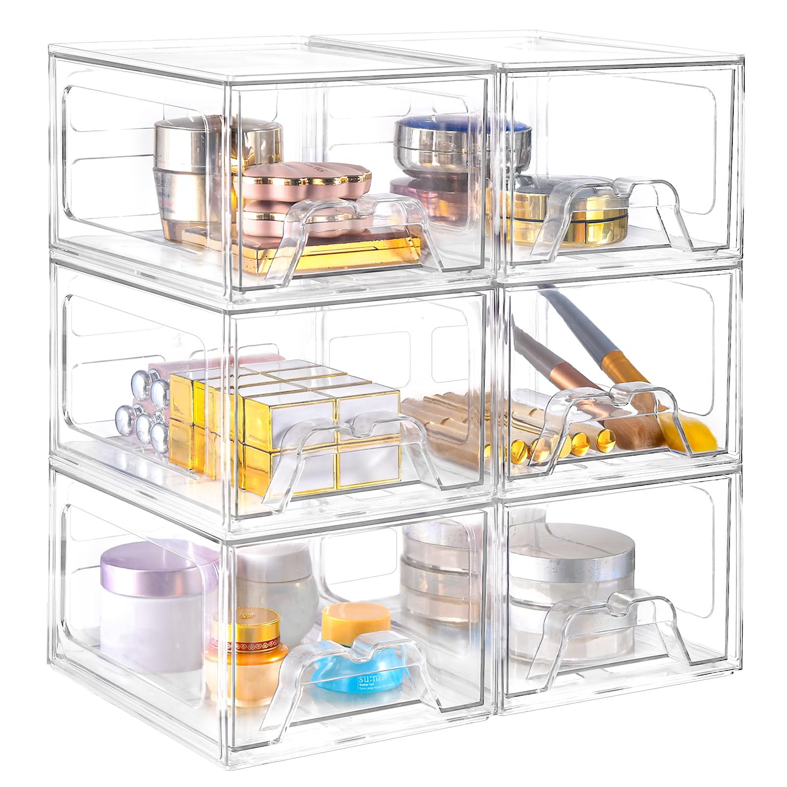 Stebopum 6 Pack Stackable Makeup Organizer, 4.4'' Tall Acrylic Bathroom Makeup Organizer And Storage Drawer With Pull-Out Handle