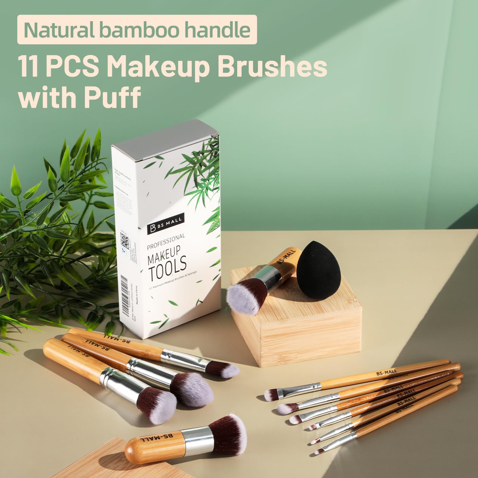 BS-MALL 11Pcs Bamboo Makeup Brush Set - Synthetic Kabuki Brushes for Foundation, Powder, Blending, and Eye Shadows with Organizer Bag