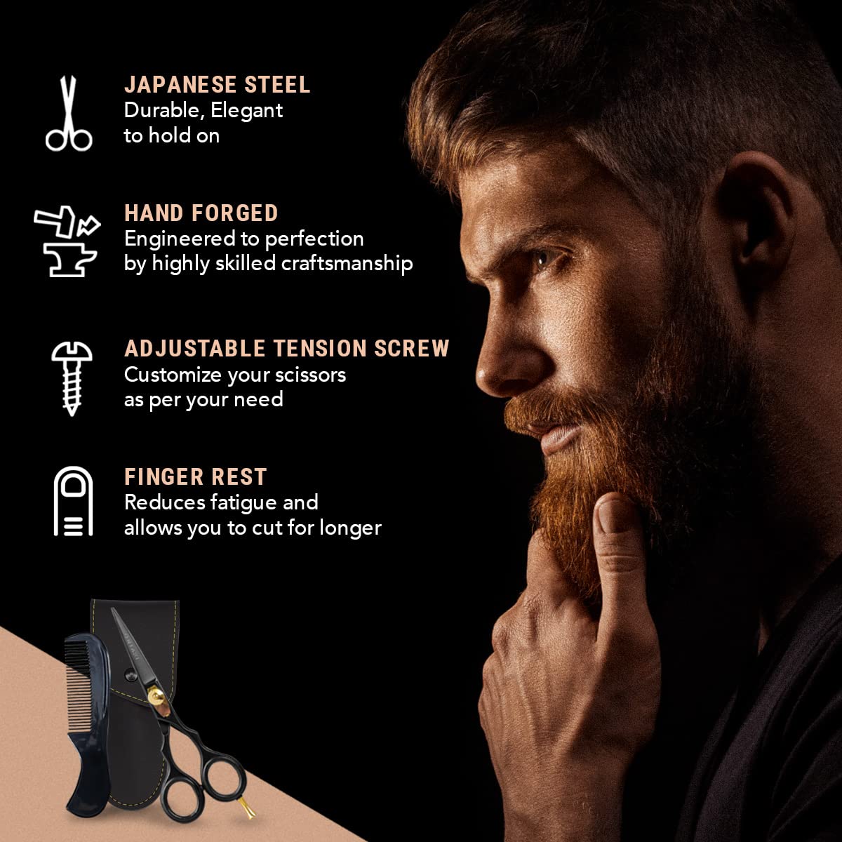 ONTAKI 5.5'' Professional Japanese Steel Beard Mustache Scissors Salon Shears - Hand Forged Barber Scissors For Men Precision -
