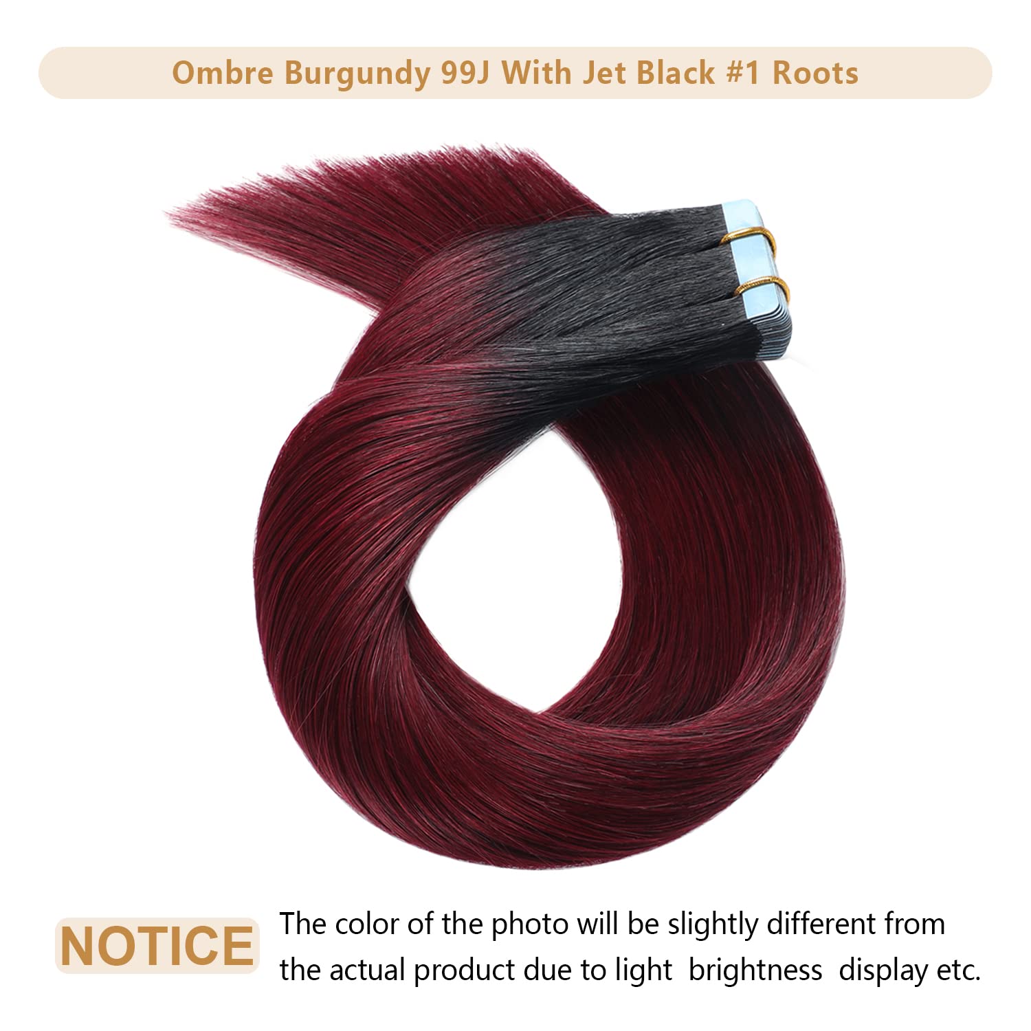 18Inch Ombre T1/99J Tape In Hair Extensions Human Hair Jet Black To Red Ombre 20Pcs 50G Tape In Hair Extensions Human Hair, Natu