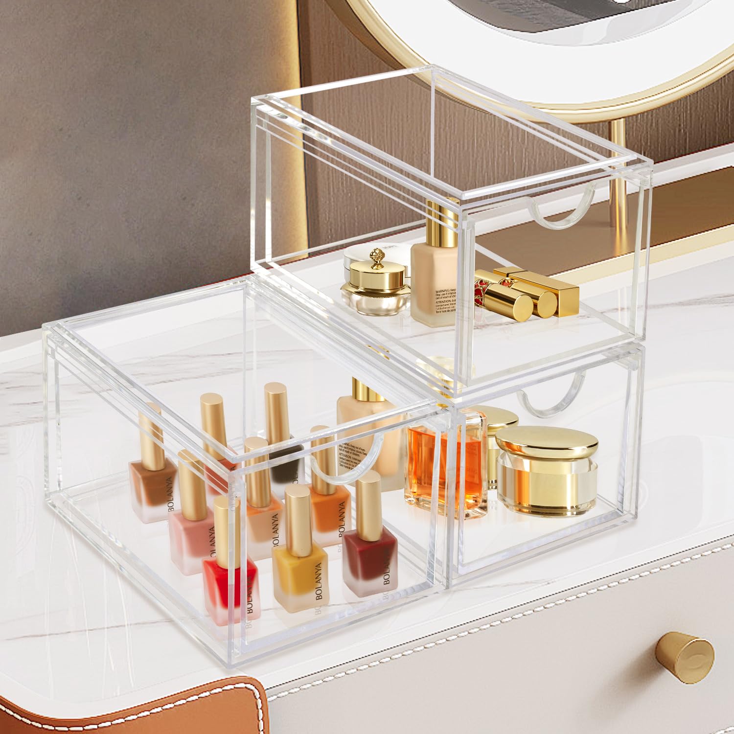 Ameitech 2 Pack Clear Stackable Storage Drawer, Bathroom Makeup Organizer, Plastic Storage Bins, Acrylic Organization And Storag