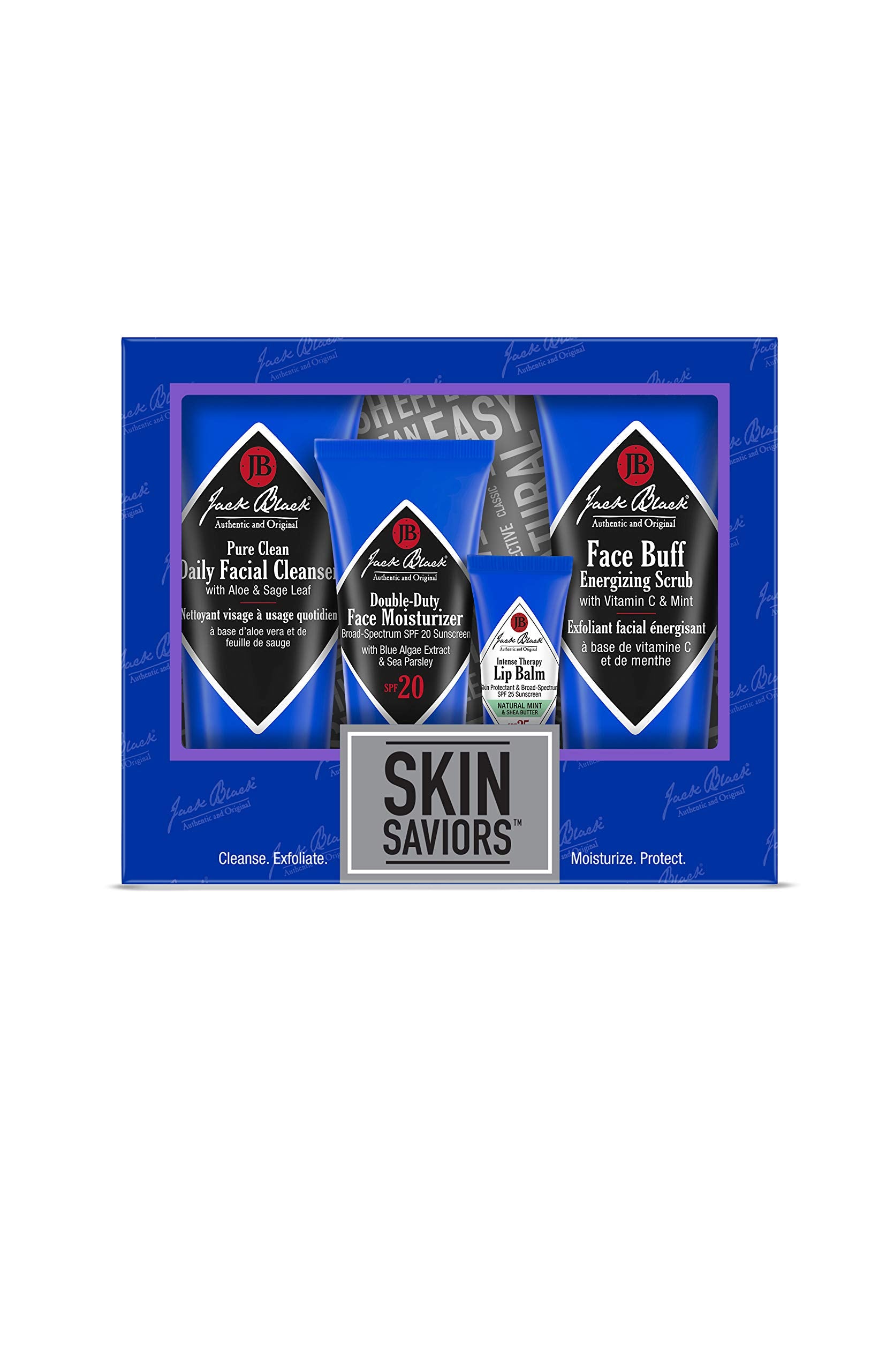 Jack Black Skin Saviors Set - Jack Black Face Wash and Moisturizer Set with Lip Balm SPF 25 and Mens Face Scrub, Jack Black Skin