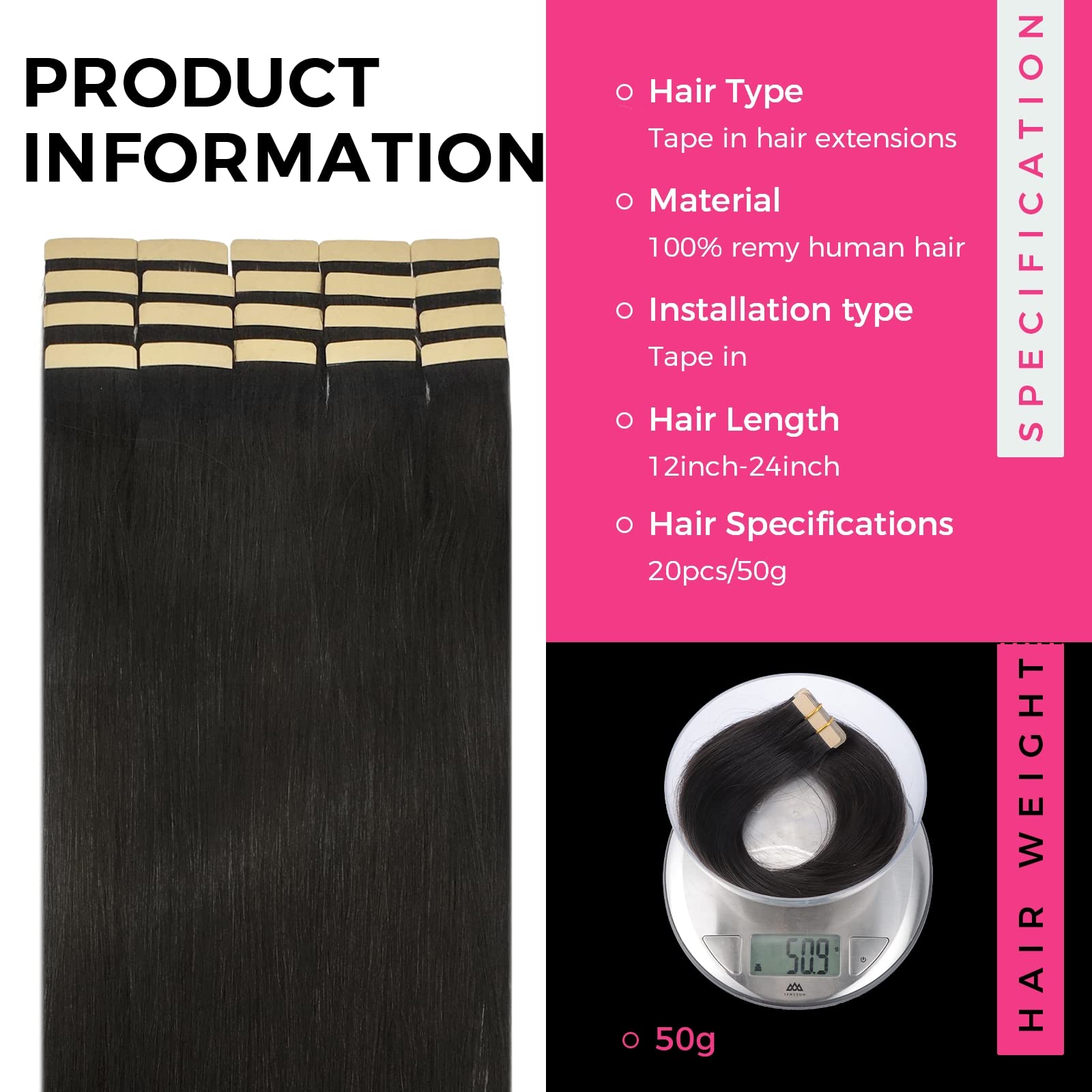Lashey Tape In Hair Extensions Human Hair For Black Women Straight Human Hair 50G/Pack 20Pcs Tape In Hair Extensions 18 Inch Nat
