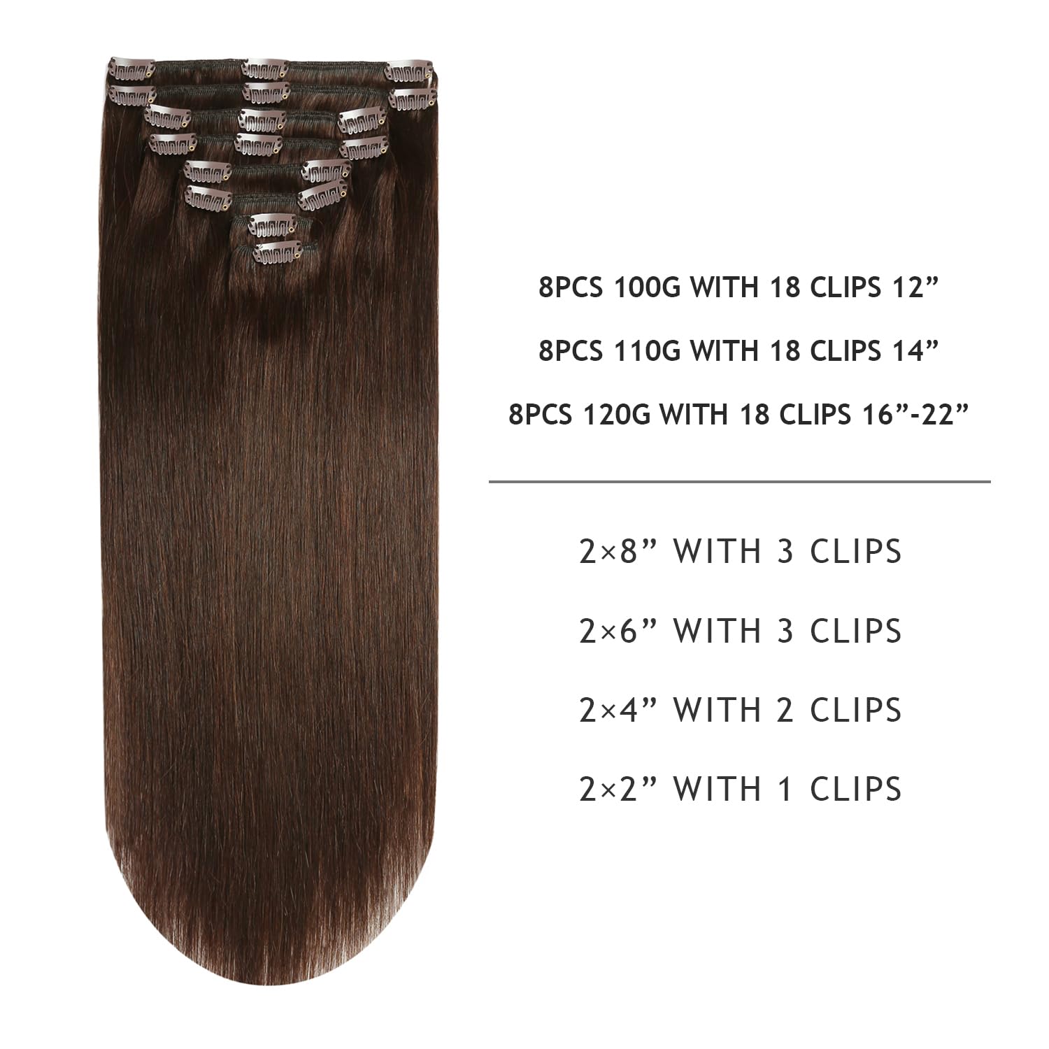 YILITE Hair Extensions Clip in Real Hair 120g 8Pcs Darkest Brown Remy Hair Full Head Straight Double Weft Invisible Clip on Stra