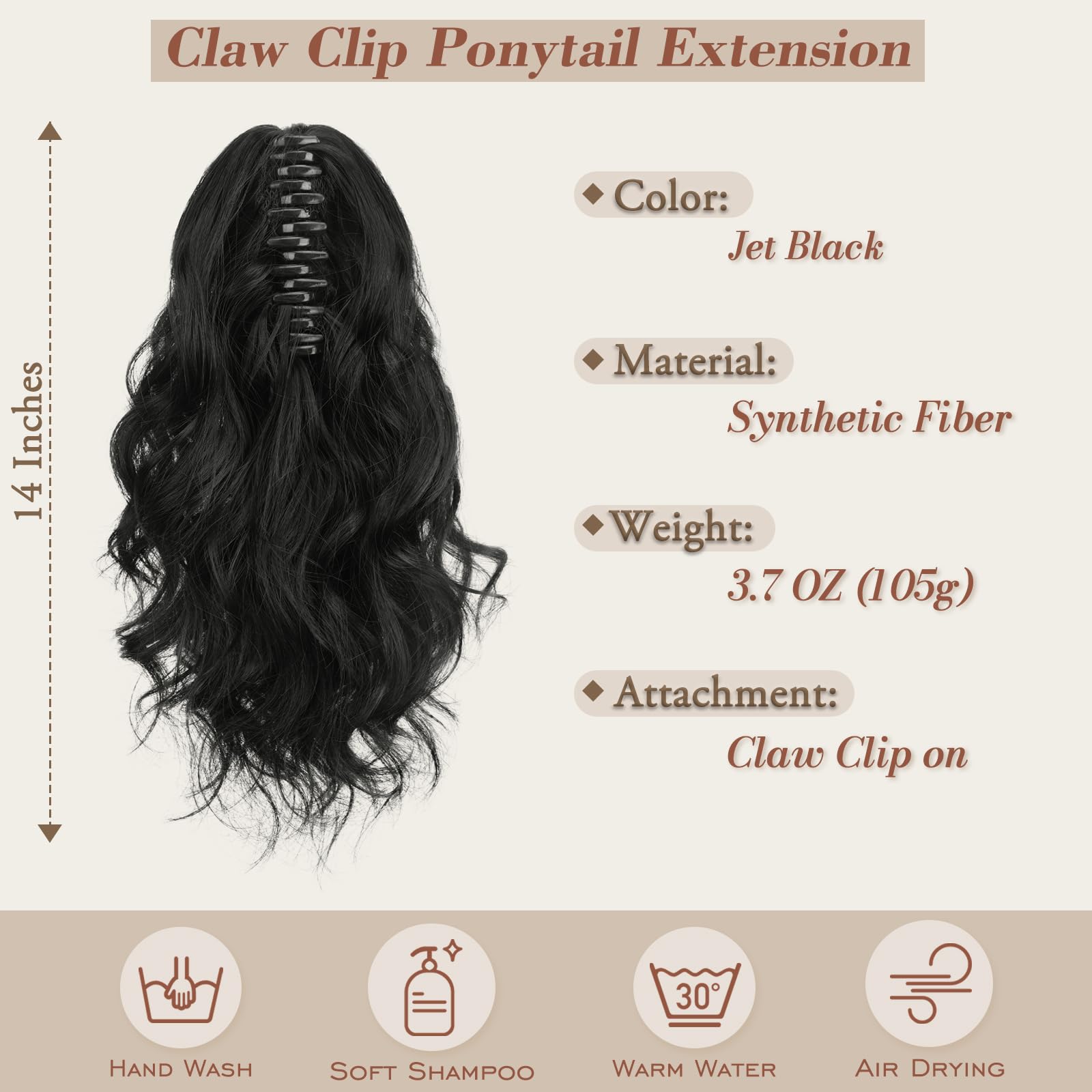 Barsdar Black Ponytail Extension - Claw Clip Ponytail Hair Extensions For Women - 14 In Short Wavy Soft Synthetic Clip In Pony T