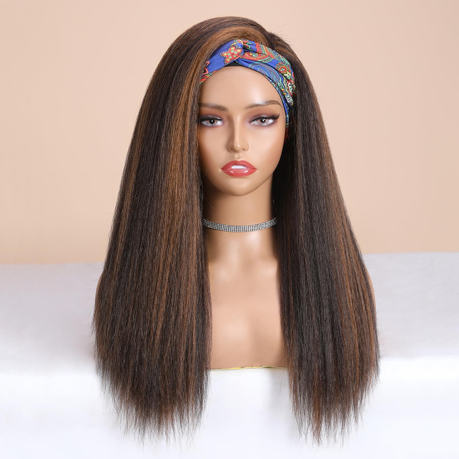 WIGNEE Brown Highlights Kinky Straight Headband Wig for Women 22 Inches Yaki Straight Wigs with Black Headband Kinky Straight Wi