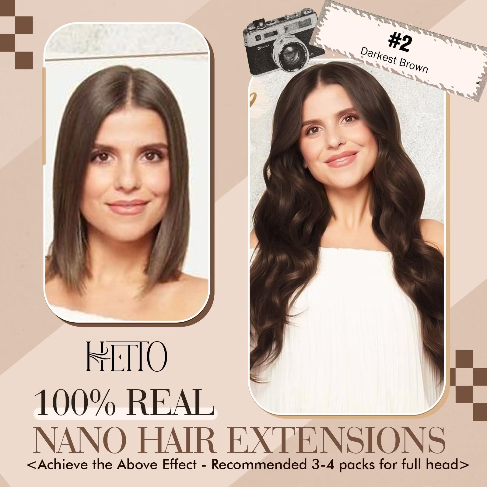 Hetto Nano Ring Hair Extensions Pre Bonded Nano Bead Hair Extensions Human Hair #2 Dark Chocolate Brown Human Hair Nano Extensio