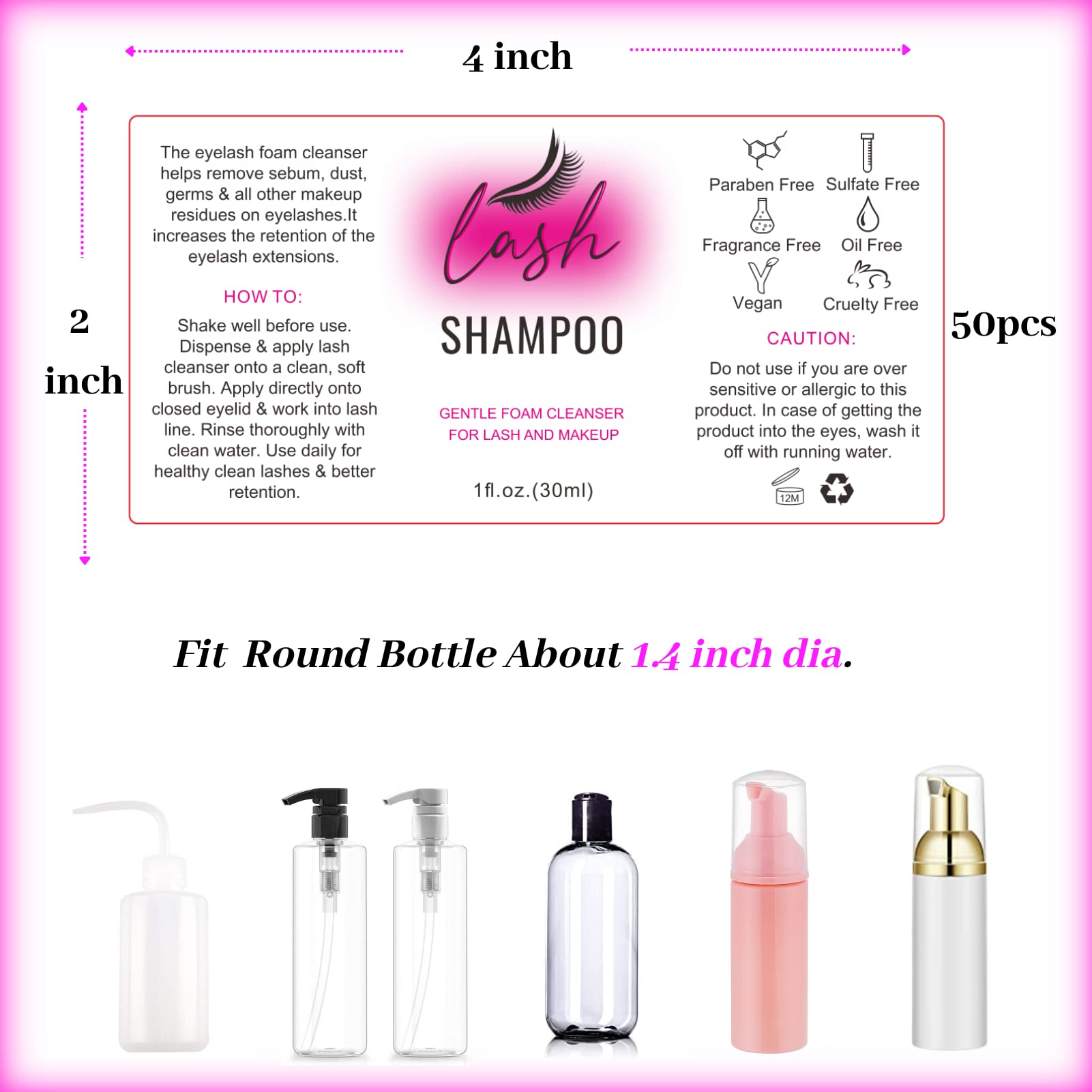 Lash Shampoo Label Stickers For Bottle 50Pcs Eyelash Extensions Bath Wash Labels For Foam Pump Dispenser 30Ml 1 Oz (4 * 2    , P