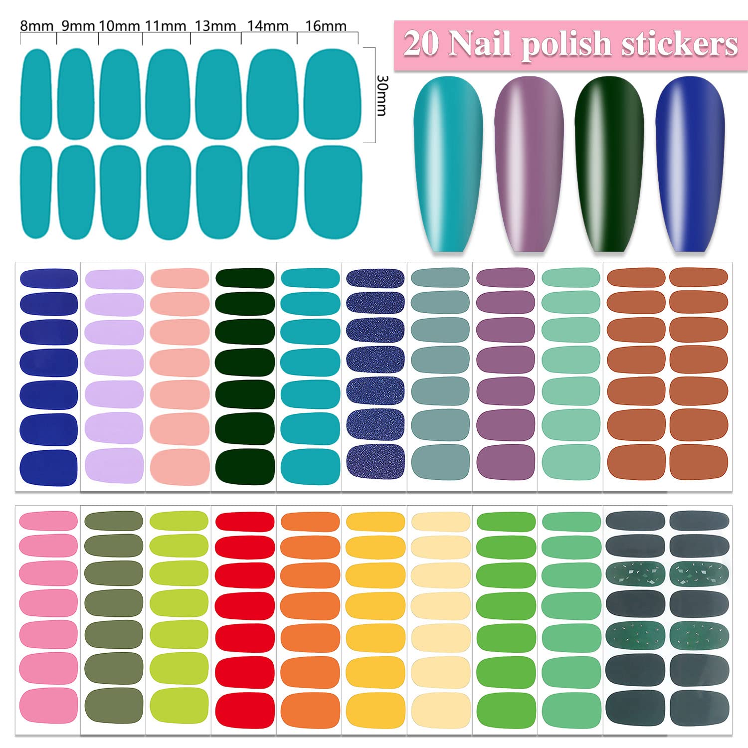 WOKOTO 20 Sheets Mutiple Solid Color Nail Wraps Full Cover Nail Stickers For Women Nail Art Polish Stickers Gel Nail Strips Stic