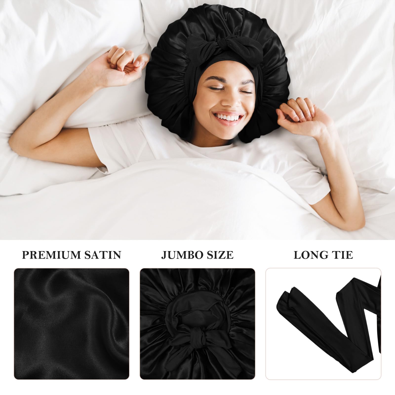 3Pcs Silk Bonnet For Sleeping, Satin Bonnet For Sleeping Extra Large Bonnet Hair Bonnets For Sleeping Black Curly Hair Women Jum